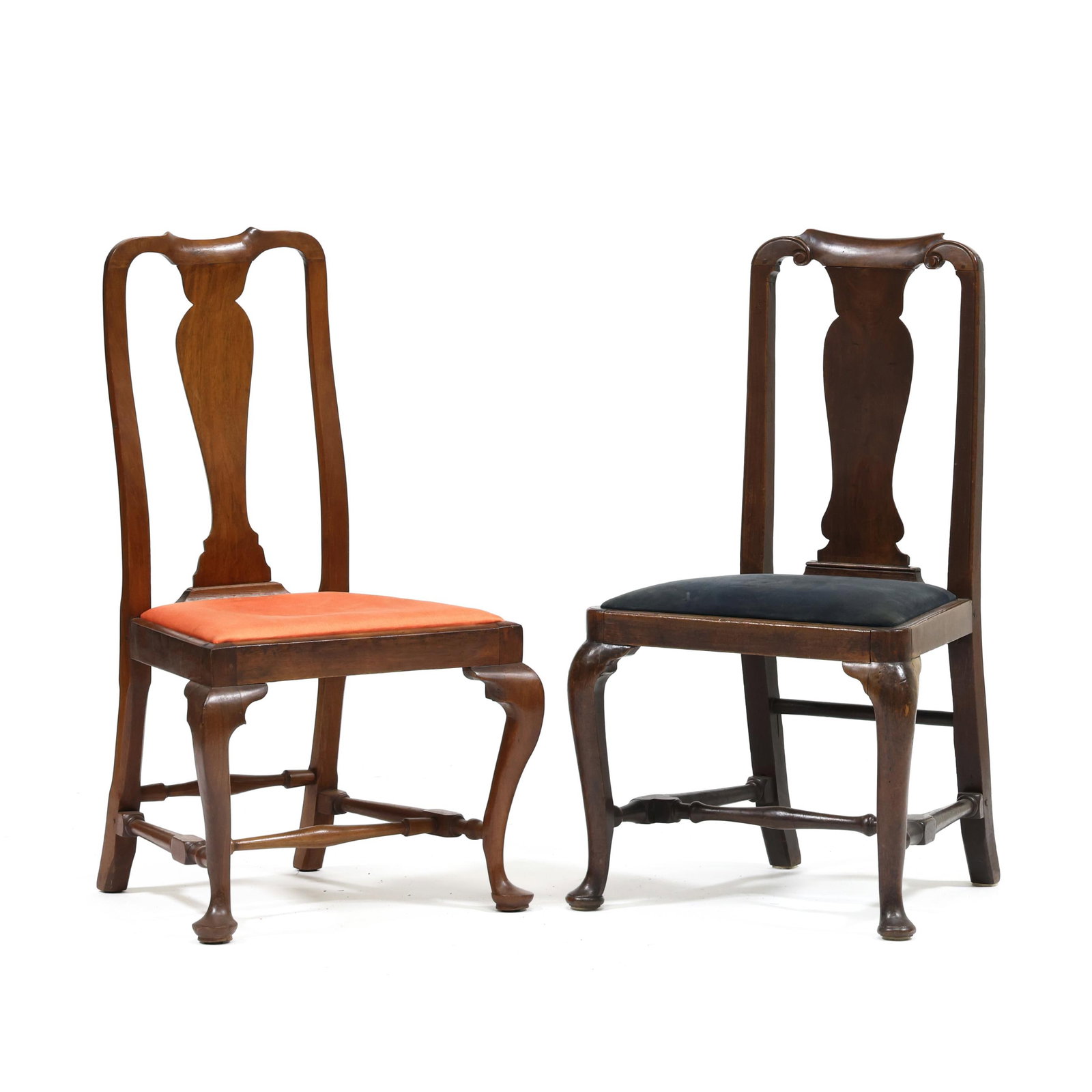 Two New England Queen Anne Side Chairs: Two New England Queen Anne Side Chairs both chairs circa 1760, the first chair in walnut with shaped crest featuring relief carved volutes, shaped vasiform back splat, molded shoe, slip seat, molded s