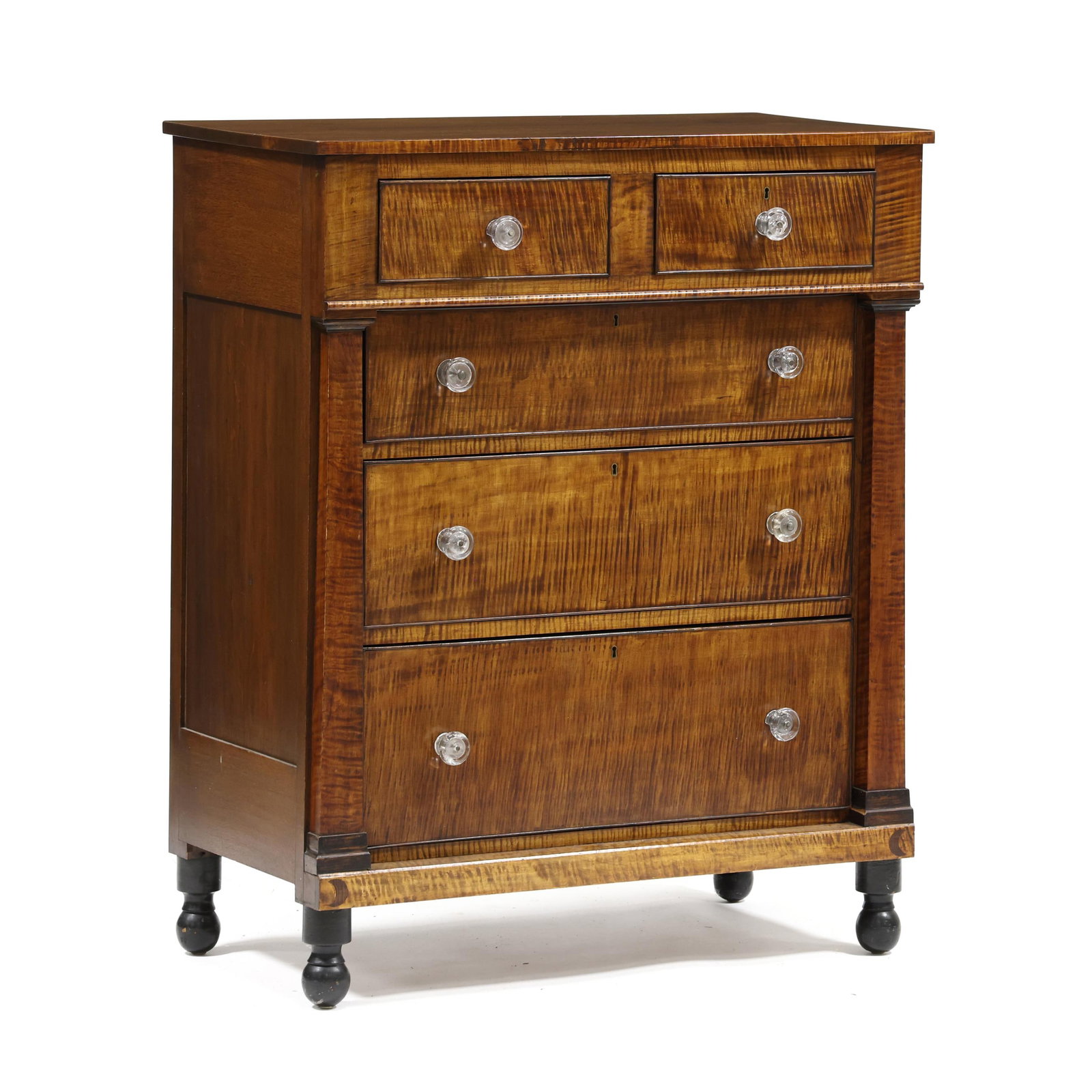 American Walnut and Tiger Maple Sheraton Chest of Drawers (1 of 11)