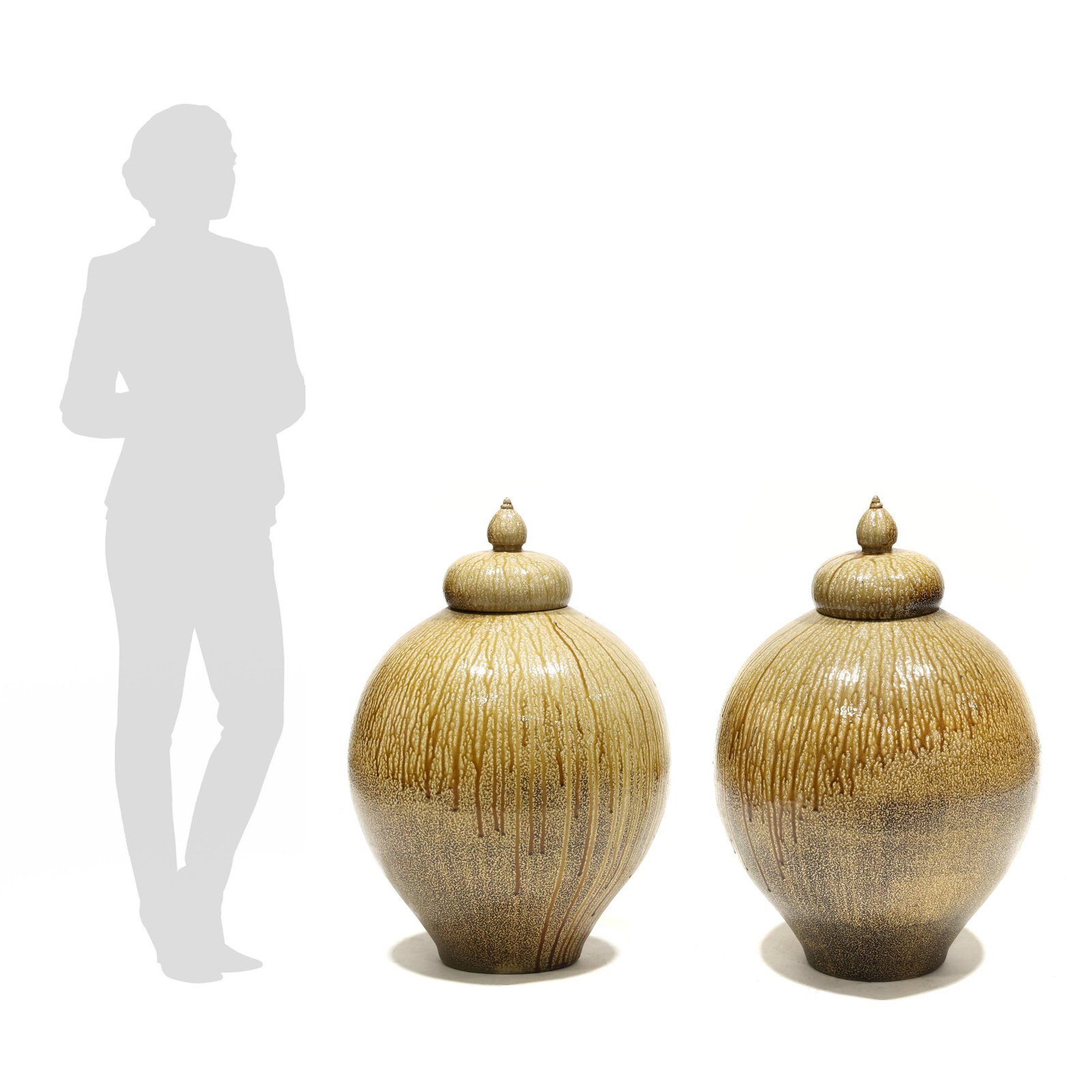 Daniel Johnston (NC, b. 1971), Pair of Large Ovoid Stoneware Urns with Covers (1 of 12)