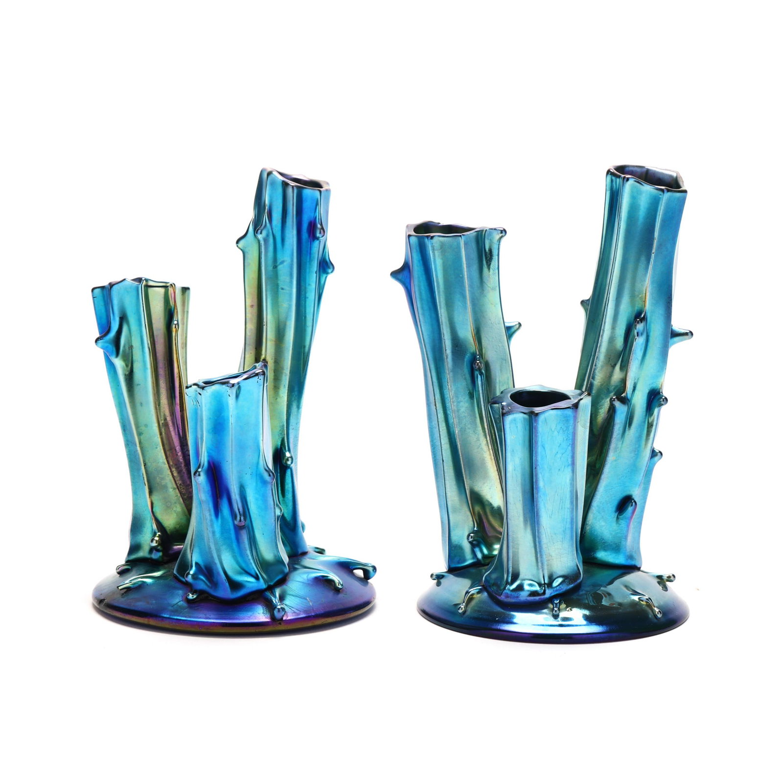 Near Pair of Steuben Blue Aurene Triple Stump Vases (1 of 11)