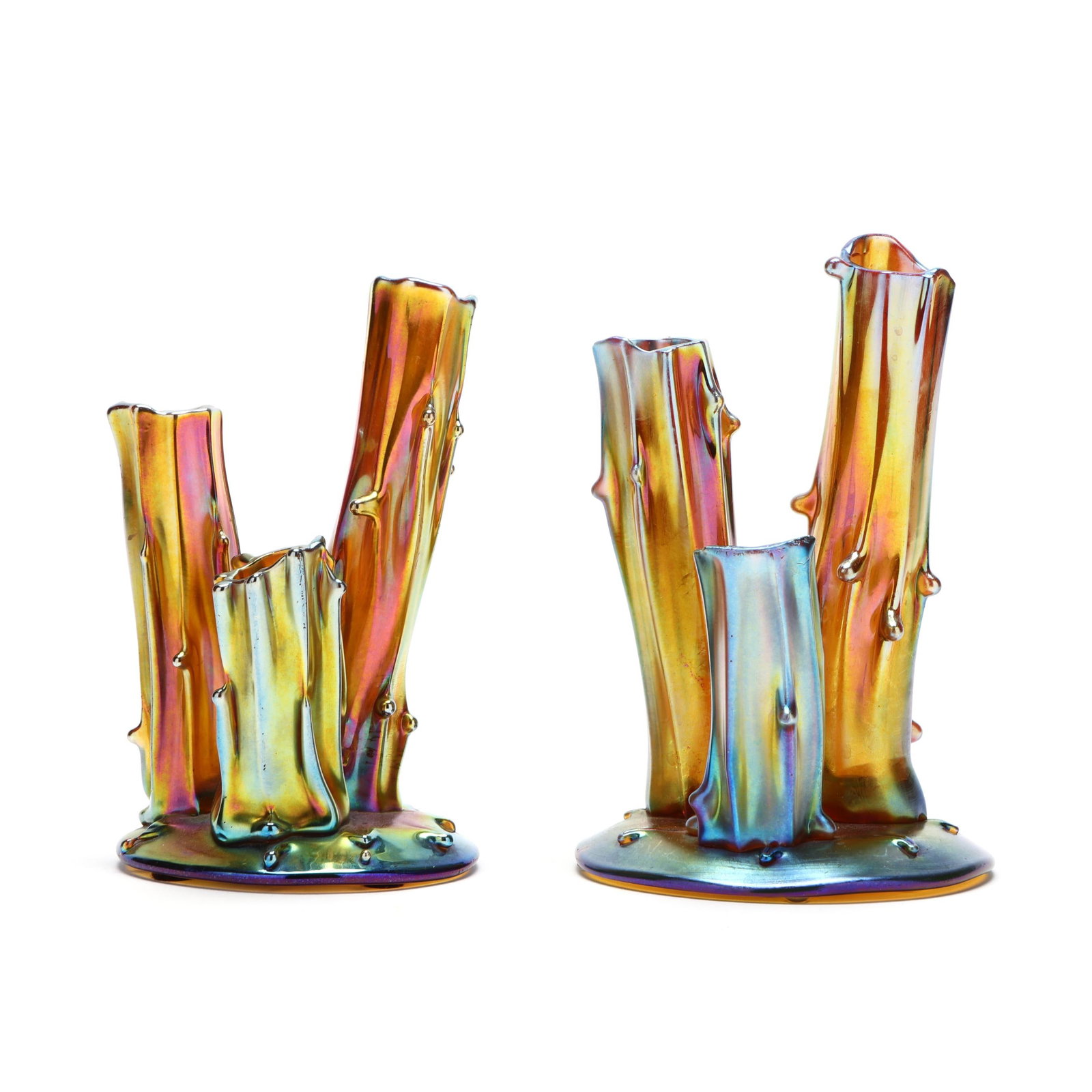 Near Pair of Steuben Gold Aurene Triple Stump Vases (1 of 8)