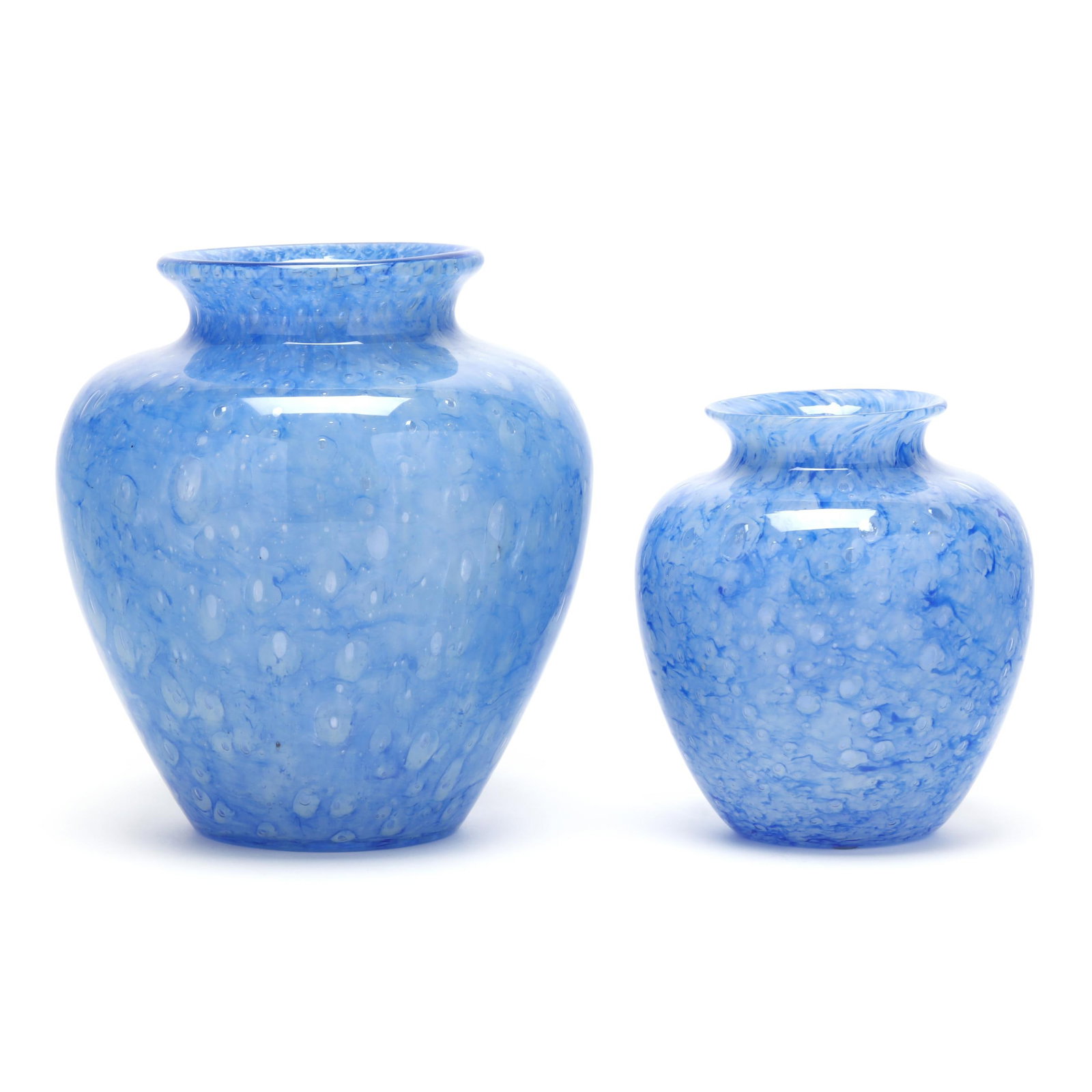 Two Steuben Blue Cluthra Baluster Vases: Two Steuben Blue Cluthra Baluster Vases New York, circa 1930, blown swirl cornflower blue with air trap, polished pontils, both faintly signed Steuben to pontils. 8 x 7 in. diameter and 6 x 5 in.