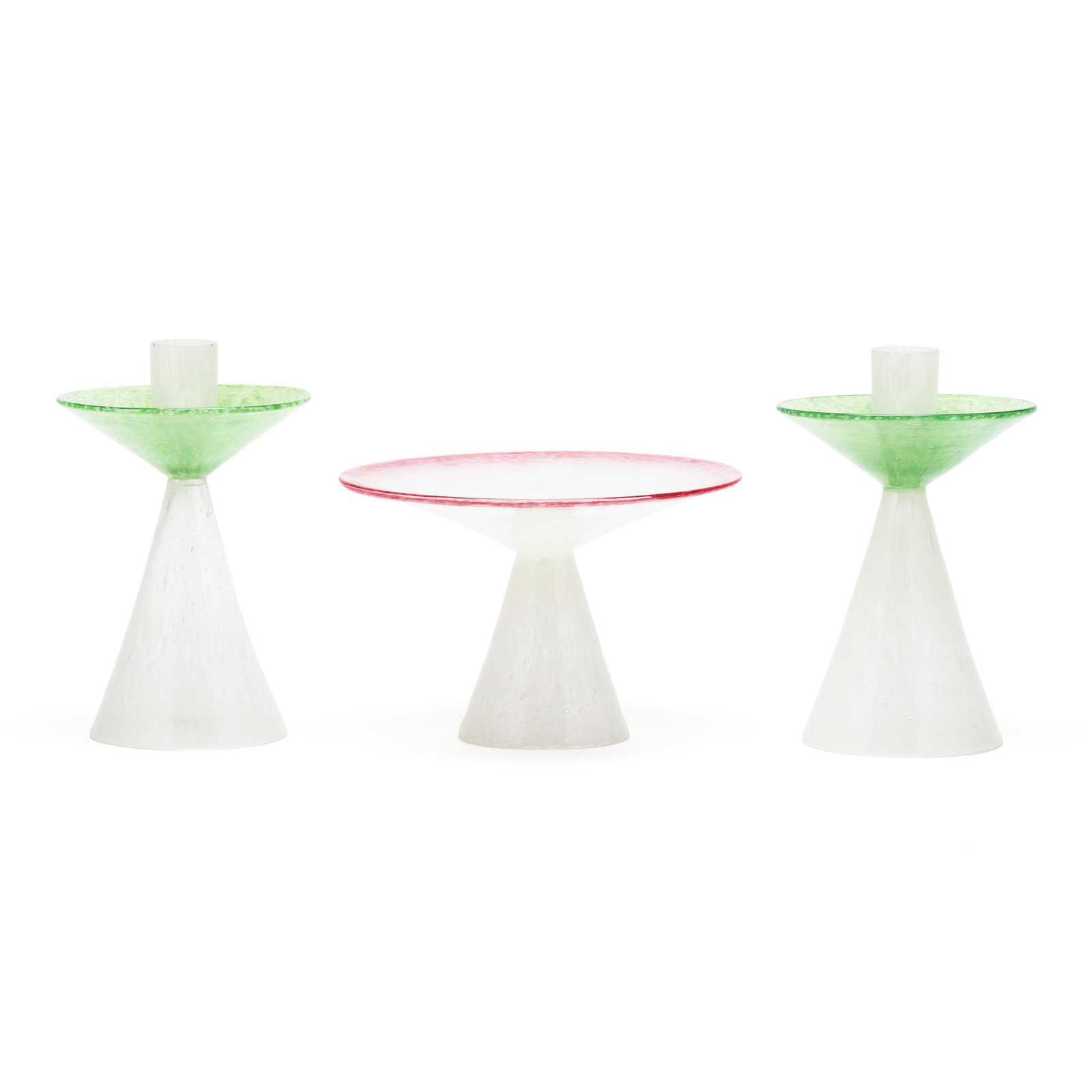 Steuben Three Piece Assembled Cluthra Garniture: Steuben Three Piece Assembled Cluthra Garniture New York, circa 1930, including a pair of green and white candlesticks, shape 6885 (8 x 5.25 in. diameter); and a rose and white footed compote (5.25 x