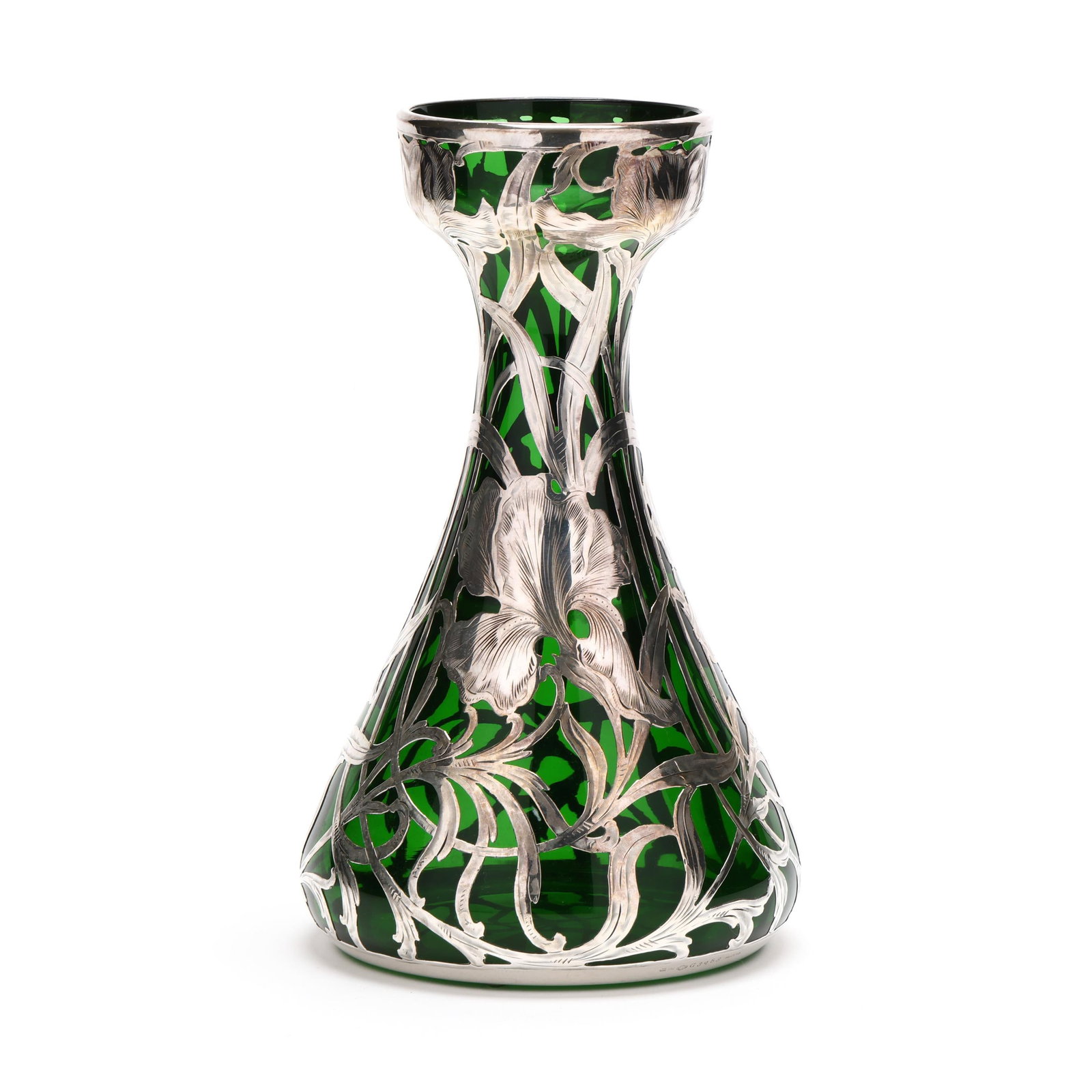 Silver Deposit Green Glass Vase: Silver Deposit Green Glass Vase early 20th century, likely by Steuben, blown emerald green glass with polished pontil, silver deposit with engraved iris decoration, the glass is numbered 5 and the