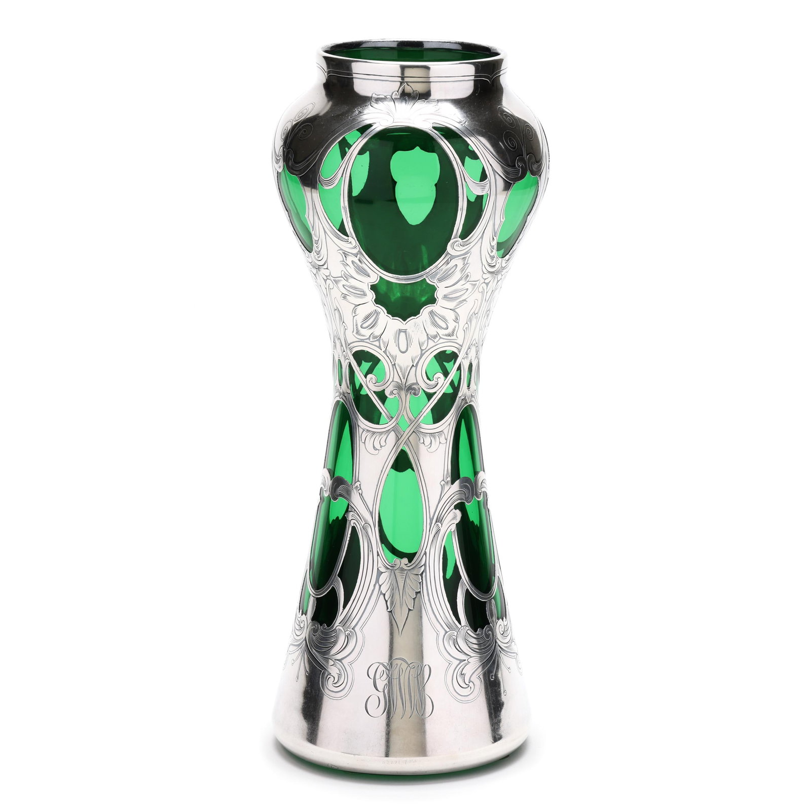 Large Art Nouveau Emerald Green Glass and Silver Deposit Vase (1 of 7)