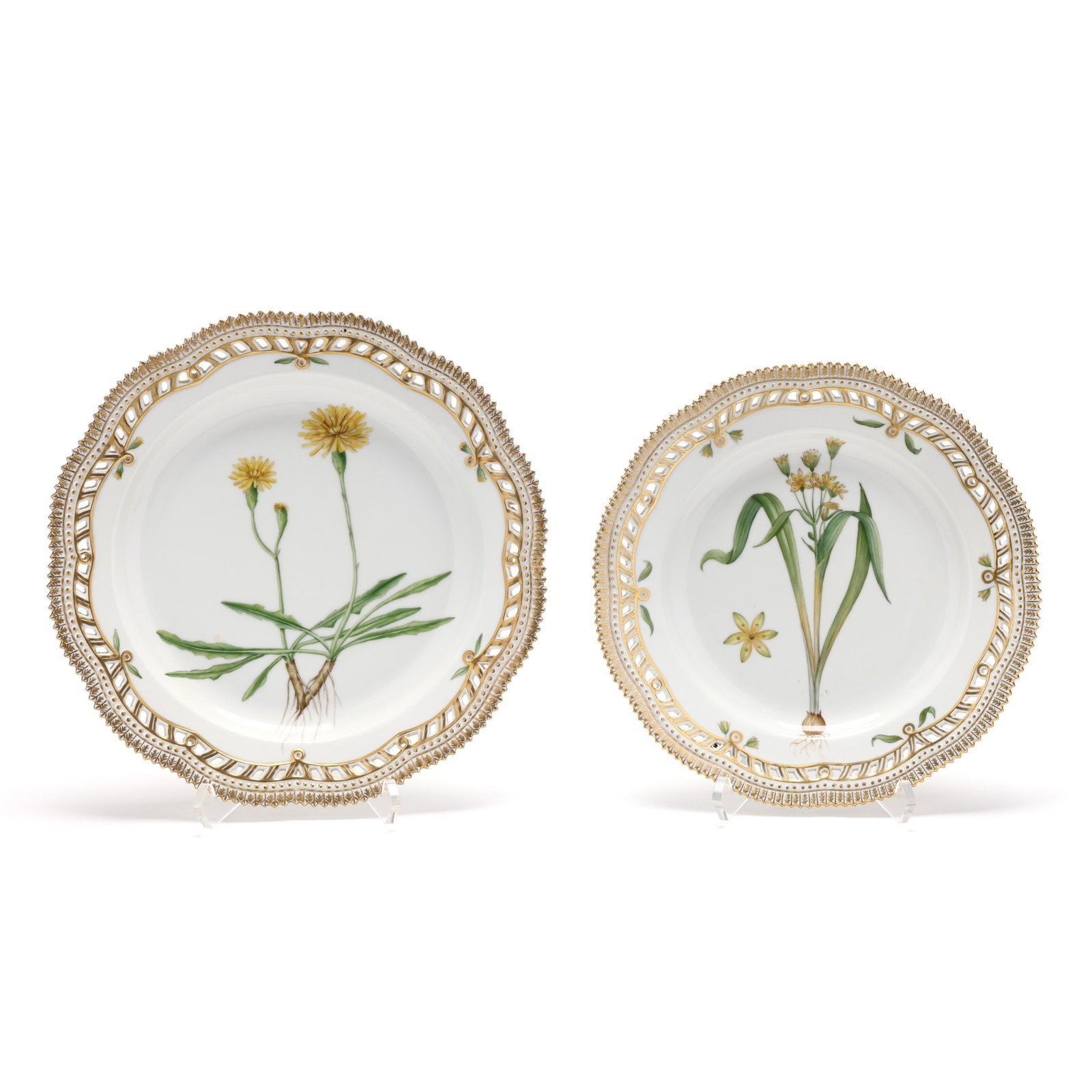 Royal Copenhagen, Two Flora Danica Porcelain Round Pierced Platters: Royal Copenhagen, Two Flora Danica Porcelain Round Pierced Platters Denmark, hand-painted and gilt porcelain, pattern number 20, marked with green printed and blue wave factory marks, and Latin
