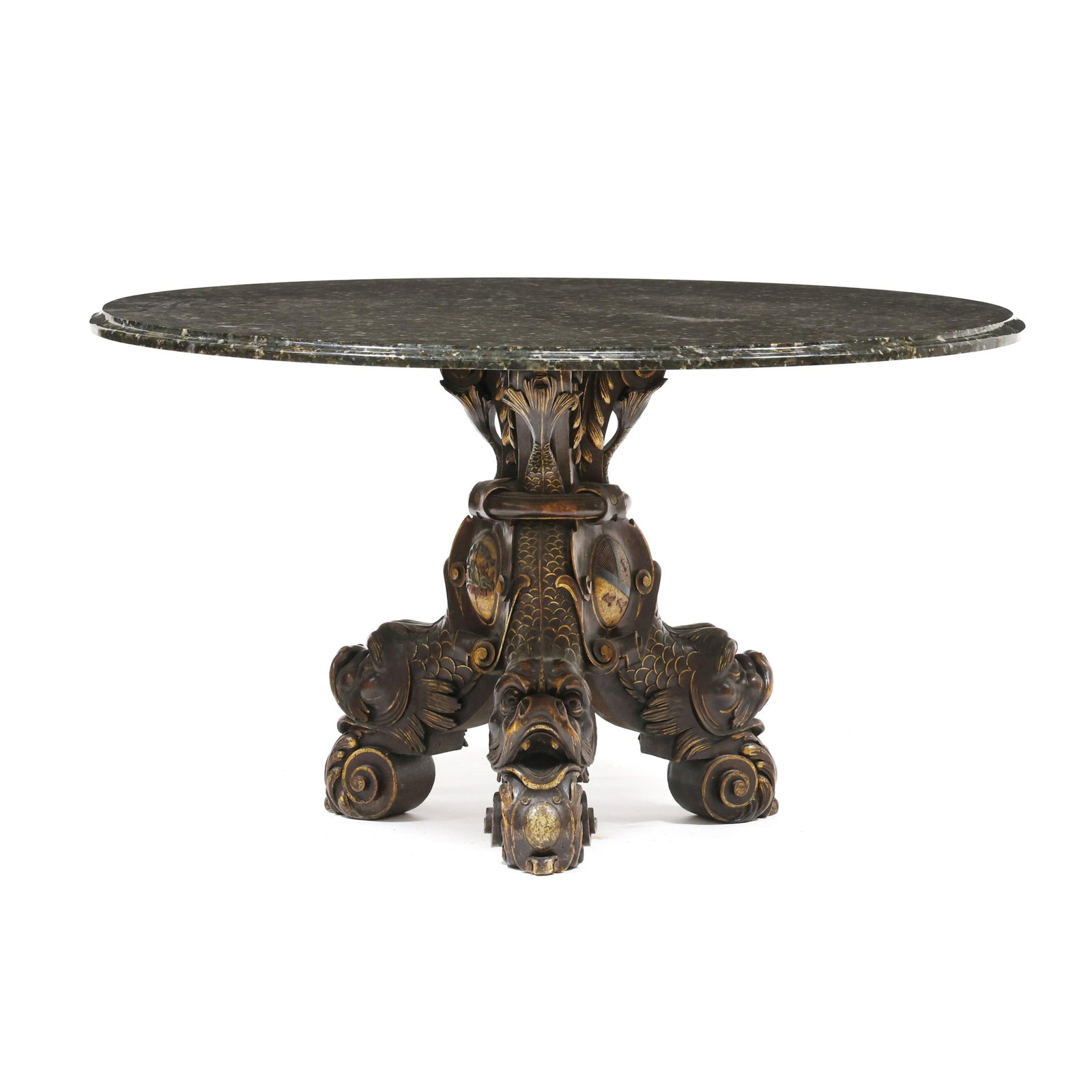 Venetian Grotto Style Stone Top Center Table: Venetian Grotto Style Stone Top Center Table green English stone top with molded edge set on a circa 1900 carved wood pedestal with intricate carved and painted surfaces featuring coat of arms and