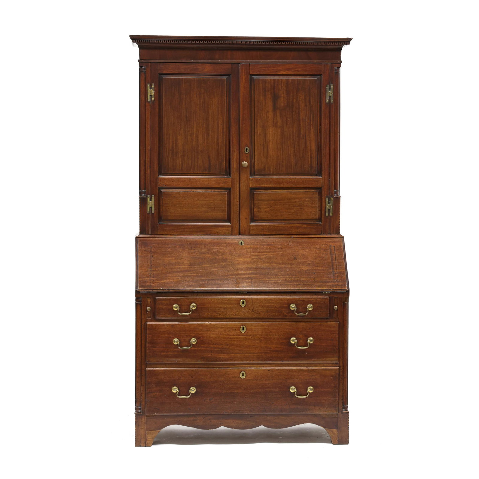 English Chippendale Mahogany Bureau and Bookcase: English Chippendale Mahogany Bureau and Bookcase circa 1780, pine and oak secondary, three part form, cove molded cornice with Greek key trim, two hinged double raised panel doors with shelved