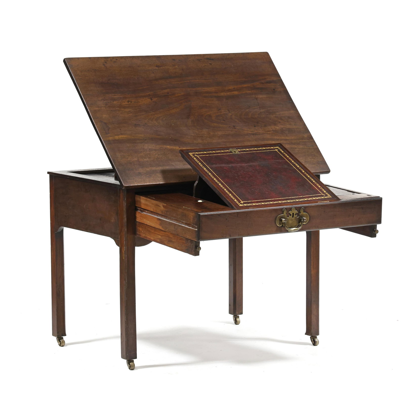 English Chippendale Mahogany Architect's Table: English Chippendale Mahogany Architect's Table late 18th century, oak and pine secondary, rectangular hinged top with adjustable hinged armature; single raised pane drawer with loper supports opening 
