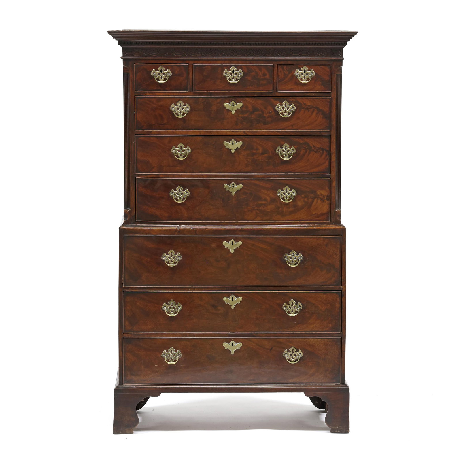 English Chippendale Figured Mahogany Chest on Chest with Butler's Drawer (1 of 19)
