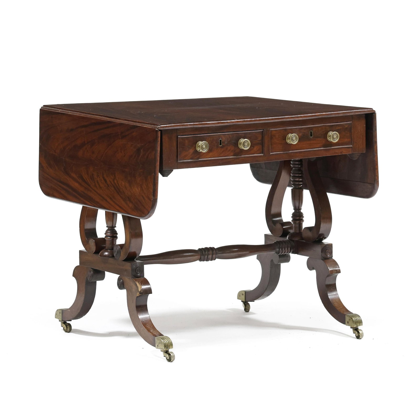 Regency Mahogany Drop Leaf Lyre-Base Library Table: Regency Mahogany Drop Leaf Lyre-Base Library Table early 19th century, mahogany veneer, deal secondary, the diminutive form featuring a book-matched veneer top, drop leaf with double butterfly support