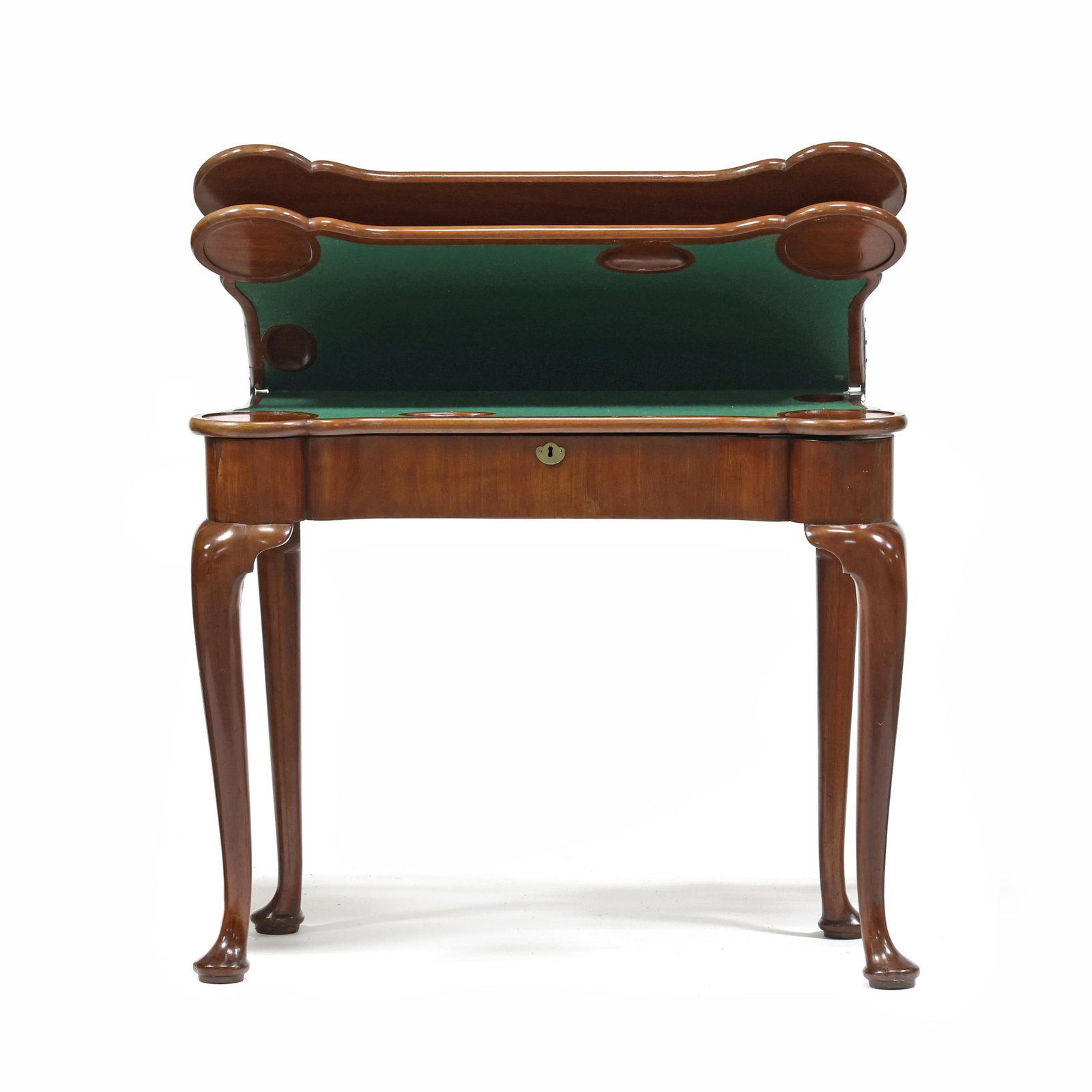 English Queen Anne Inlaid Mahogany Dual-Lid Card Table: English Queen Anne Inlaid Mahogany Dual-Lid Card Table circa 1770, mahogany, mahogany veneer with light and dark wood inlays, pine and oak secondary, shaped rectangular top with porringer corners,