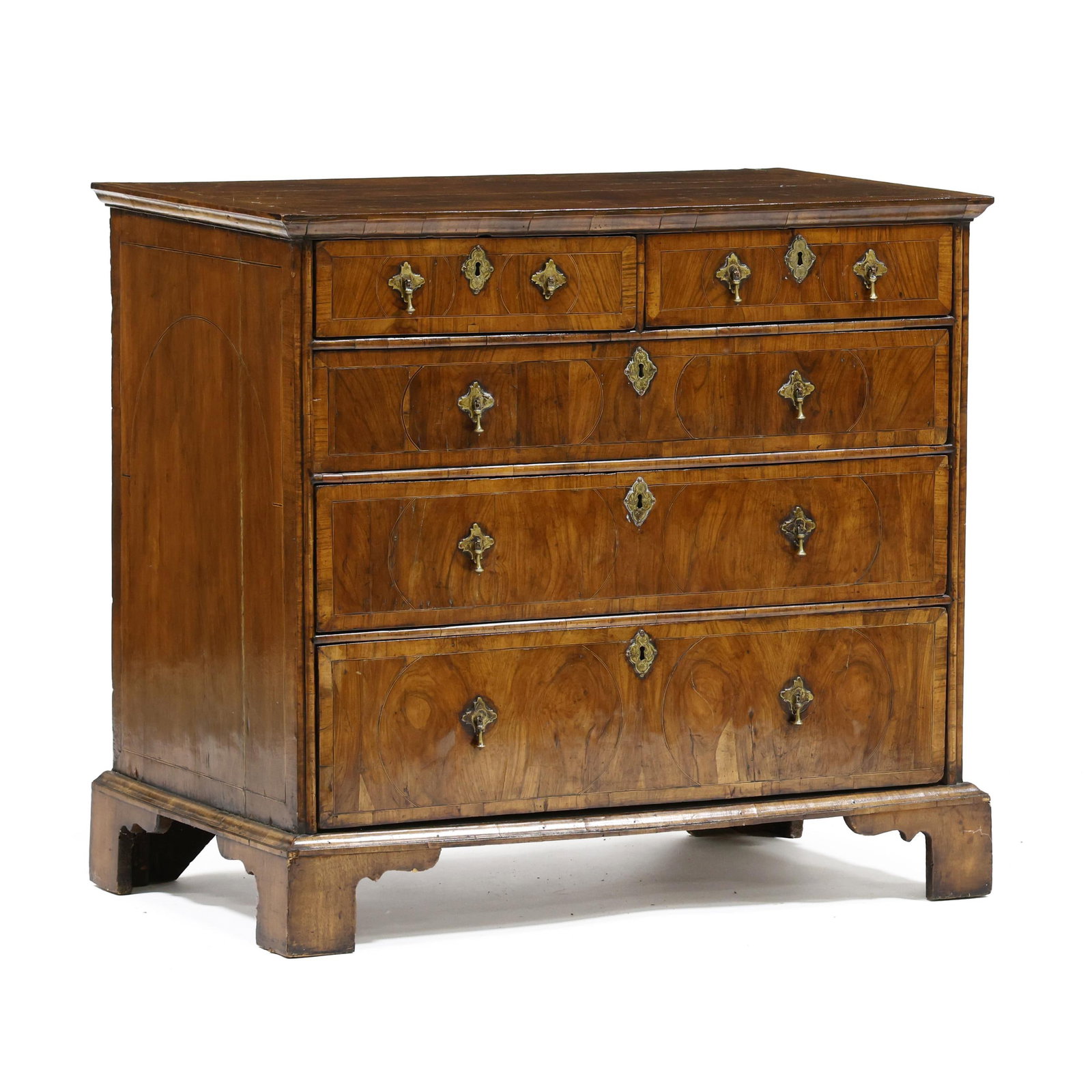 William and Mary Inlaid Figured Walnut Diminutive Chest of Drawers: William and Mary Inlaid Figured Walnut Diminutive Chest of Drawers circa 1700, high grade walnut veneers with light and dark wood inlays, oak secondary, rectangular top with shaped line and banded