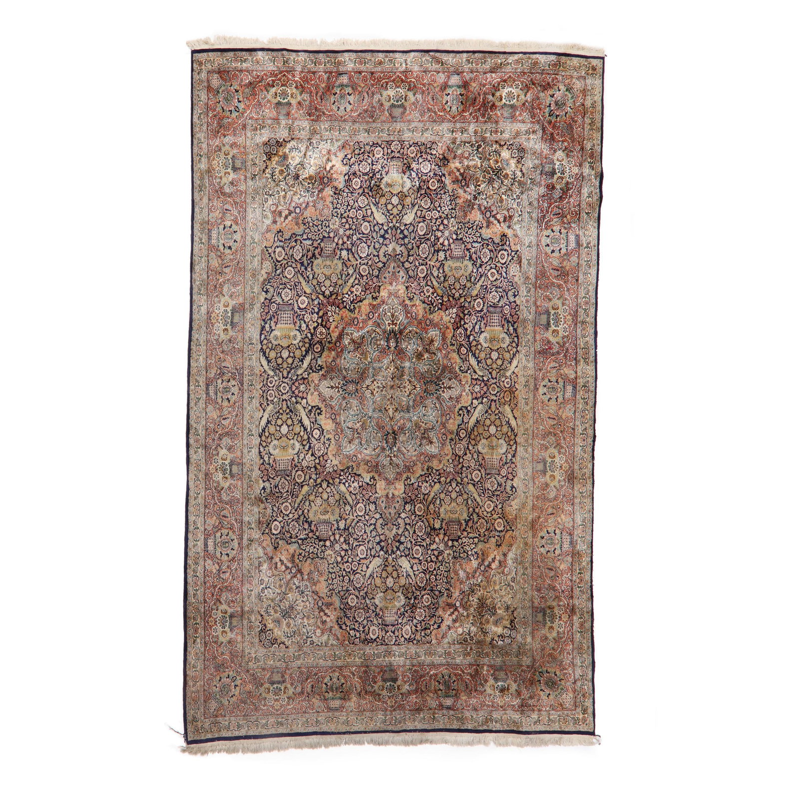 Large Vintage Indo-Persian Room Size Carpet: Large Vintage Indo-Persian Room Size Carpet wool and silk on cotton foundation, India, the central kaleidoscopic medallion in light blue with palmette lobes, on a navy blue field densely covered with