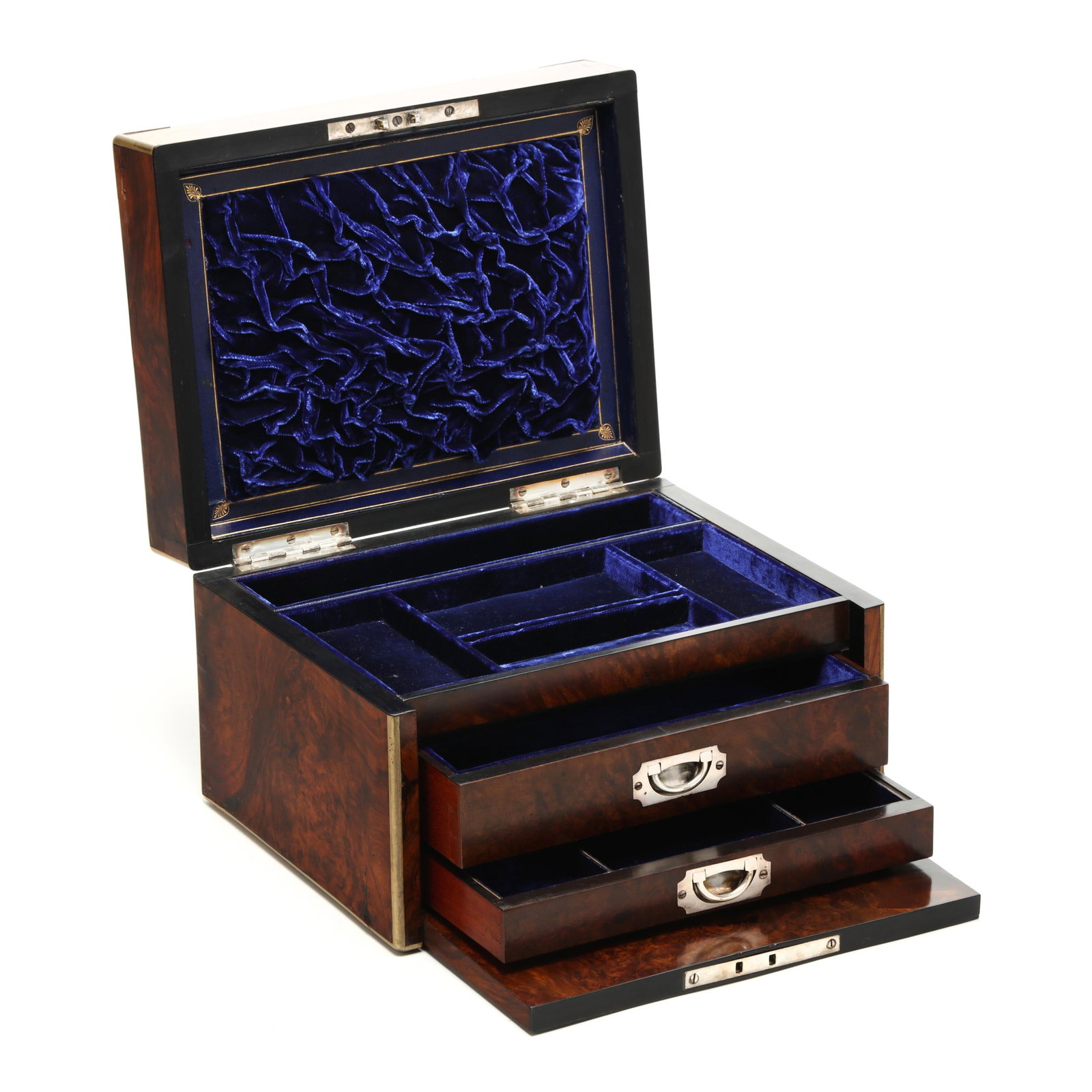 Fine English Inlayed Burlwood Jewelry Case: Fine English Inlayed Burlwood Jewelry Case last quarter 19th century, burr walnut or rosewood veneers, mahogany secondary, with inlayed brass oval escutcheons and perimeter line inlays, fall front and