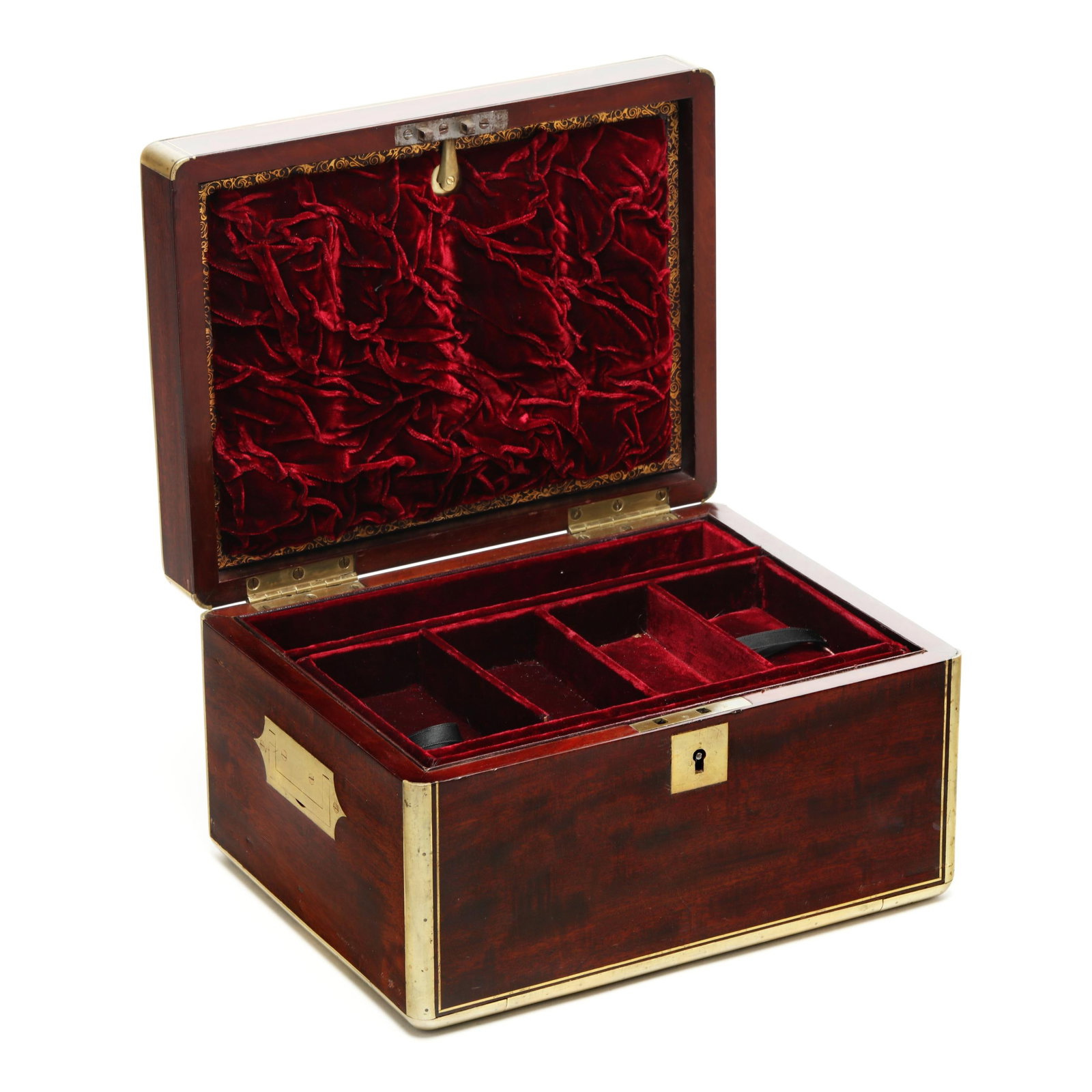 A Fine Brass Inlayed Mahogany Campaign Jewelry Box: A Fine Brass Inlayed Mahogany Campaign Jewelry Box circa 1870s, with inlayed brass escutcheons and perimeter line inlays, campaign flush side handles, the right lower side with key entry single drawer