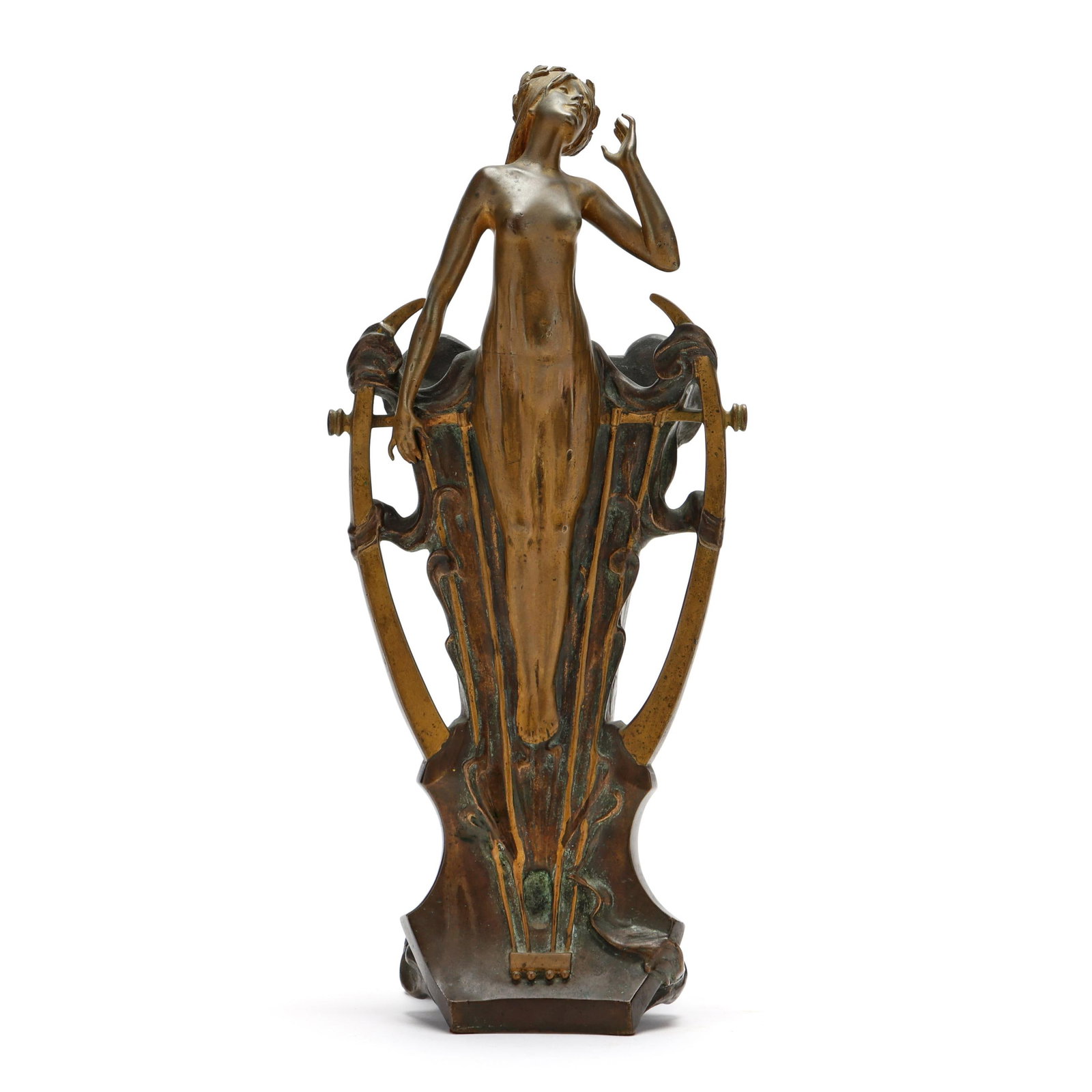 Georges Flamand (French, 1866-c.1931), Art Nouveau Bronze Figural Vase: Georges Flamand (French, 1866-c.1931), Art Nouveau Bronze Figural Vase circa 1900, patinated and gilt bronze, signed "G. Flamand" to the base side, cast in the form of a flared rectangular vase center