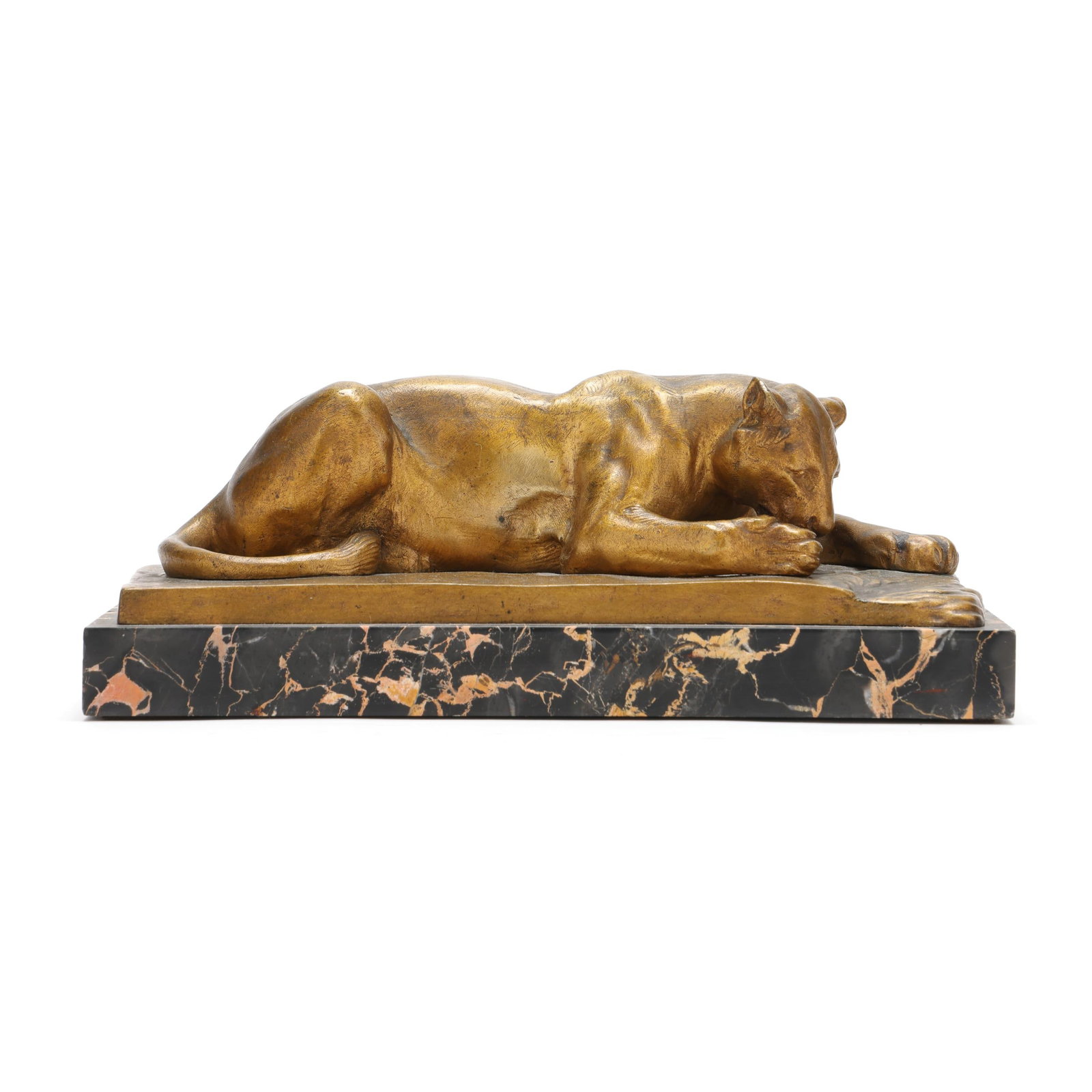 A French Gilt Bronze Model of Lionne à La Source , after a model by Charlotte Bertrand: A French Gilt Bronze Model of Lionne à La Source, after a model by Charlotte Bertrand Paris, early 20th century, signed "Bertrand" and stamped with "R. COTTIN & Fils / BRONZES / PARIS" seal and