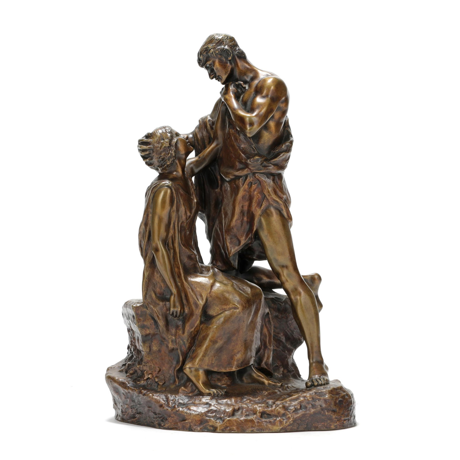 Georges Colin (French, 1876-1917), Couple: Georges Colin (French, 1876-1917), Couple patinated bronze, signed "G. COLIN" with reserve pastille "SYNDICAT DES FABRICANTS DE BRONZE / UNIS / FRANCE / MARQUE RESERVEE / F. LEVILLAIN," above an oval 