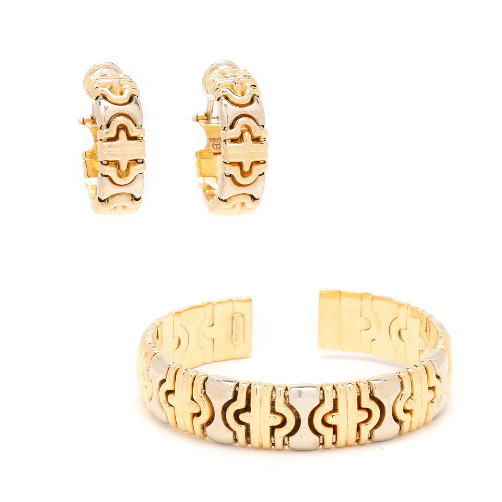 Bi-Color Gold Parentesi-Style Cuff Bracelet and Earrings, Italy (1 of 9)