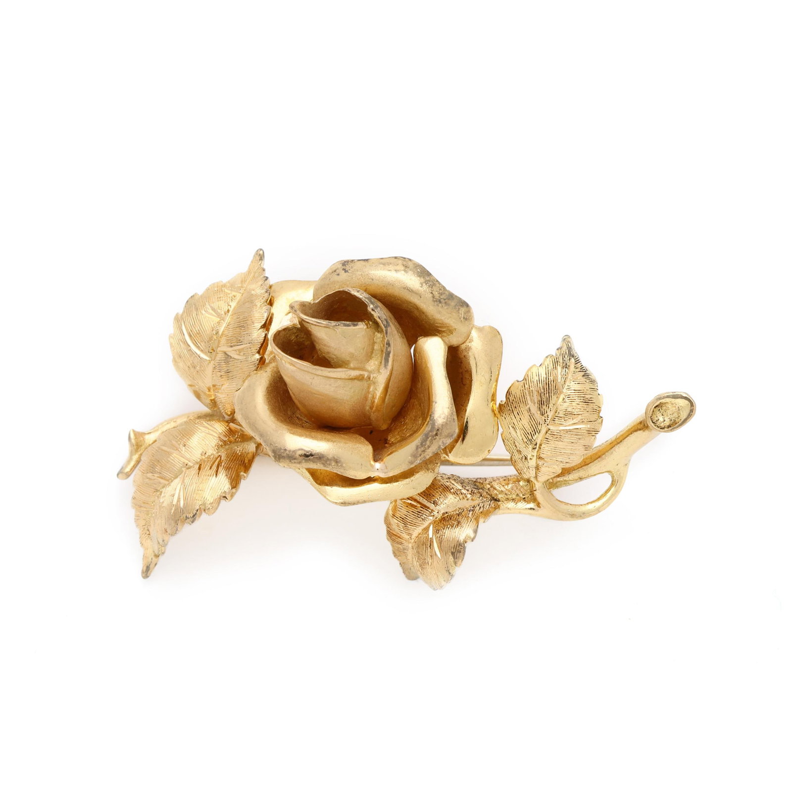 Gold Rose Motif Brooch, Toliro: Gold Rose Motif Brooch, Toliro the brooch in the form of a branch with a rose and leaves, completed with a locking pin stem, signed and stamped K18. 7/8 x 1.5 in. 6.1 dwt. Additional high-resolution p
