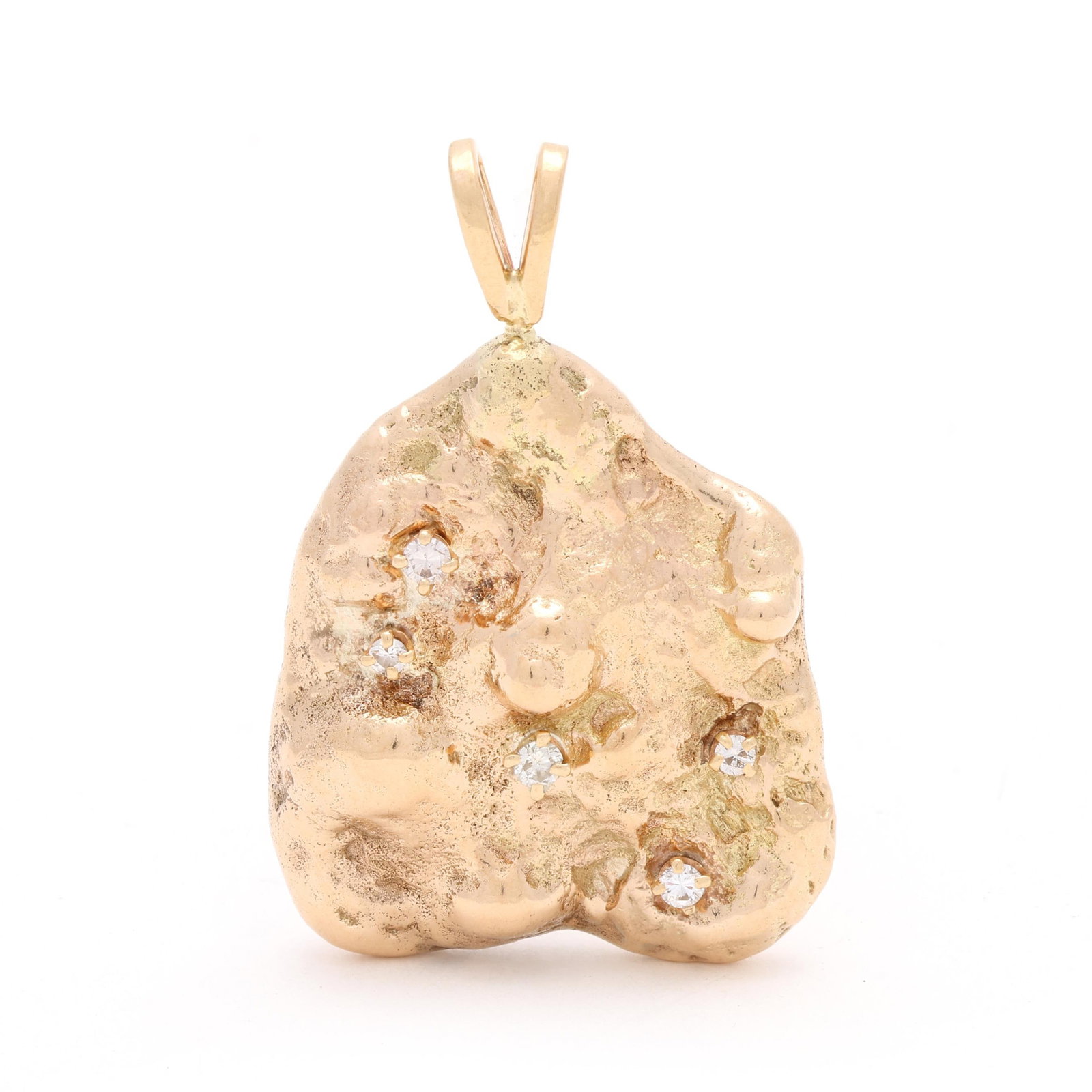 Gold and Diamond Nugget Pendant: Gold and Diamond Nugget Pendant the gold nugget pendant scattered with prong set full cut round diamonds weighing approximately .30 total carat (H-I color, SI1-SI2 clarity), completed with a bail, XRF