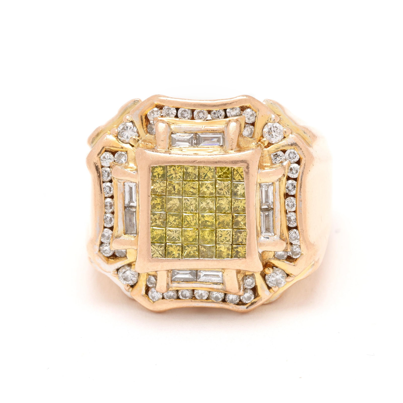 Gold and Diamond Ring: Gold and Diamond Ring centered on invisibly set princess cut yellow diamonds weighing approximately .54 total carat (Fancy Yellow color, I1 clarity), within a surround of baguette cut and round cut di