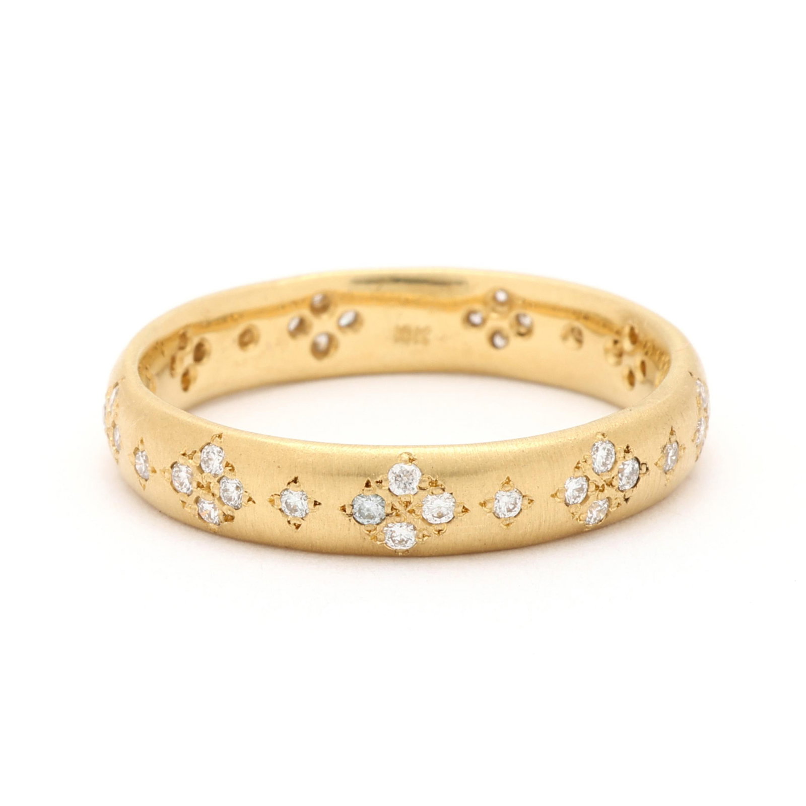 Gold and Diamond Band: Gold and Diamond Band the yellow gold band with a satin finish, flush set with full cut round diamonds weighing approximately .40 total carat (H-I color, SI2-I1 clarity) in a starburst motif, and stam