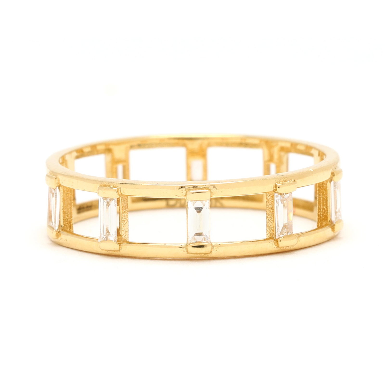 Gold and Diamond Band: Gold and Diamond Band the double row open band connected by baguette cut diamonds (3 x 1.5mm) weighing approximately .50 total carat (G-H color, VS1-VS2 clarity), stamped Dia 18K. 5mm; Ring size 7 1.2