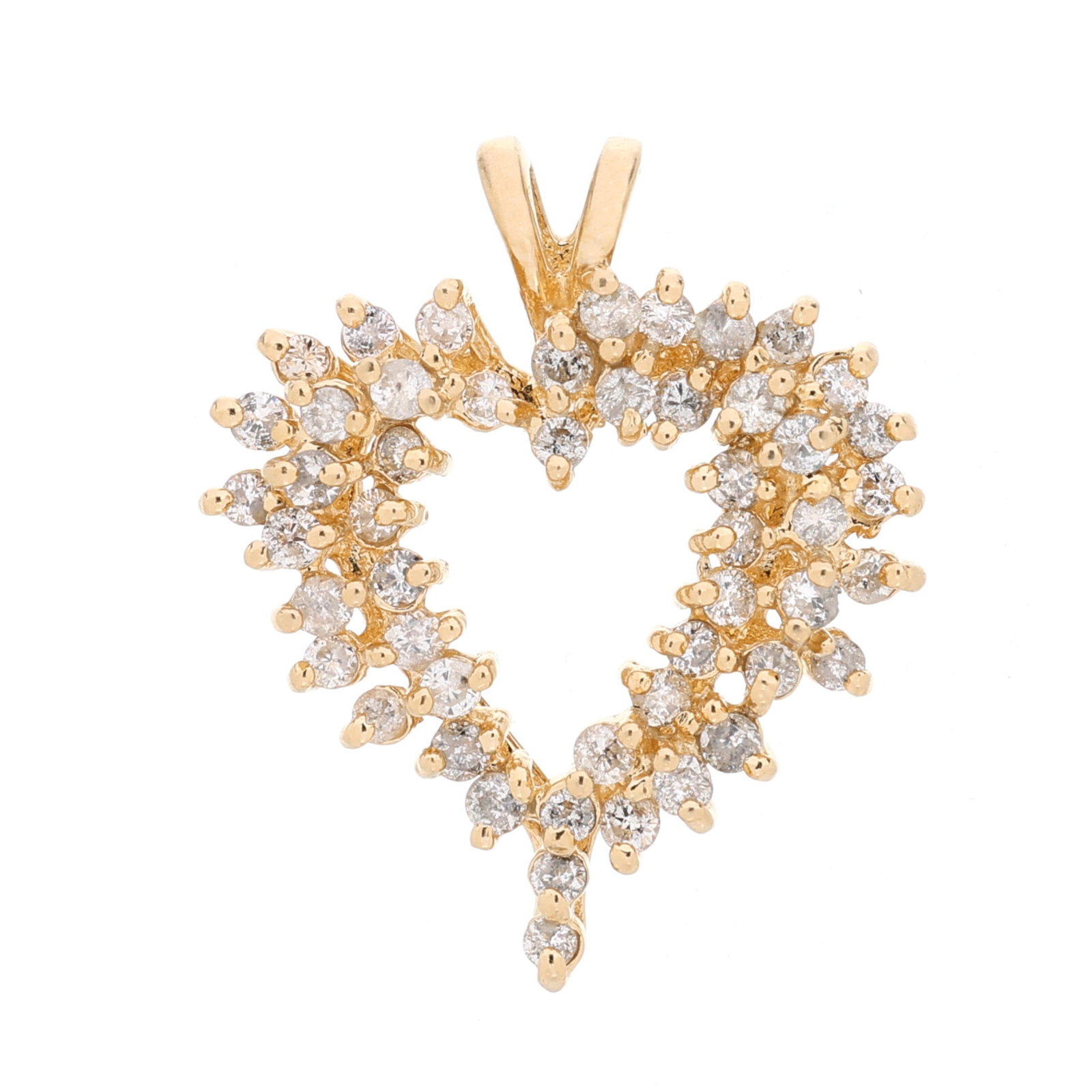 Gold and Diamond Heart Pendant: Gold and Diamond Heart Pendant the heart pendant prong set with full cut round diamonds weighing approximately .75 total carats (H-I color, I1-I2 clarity), completed with a bail and stamped IGRB / 14K