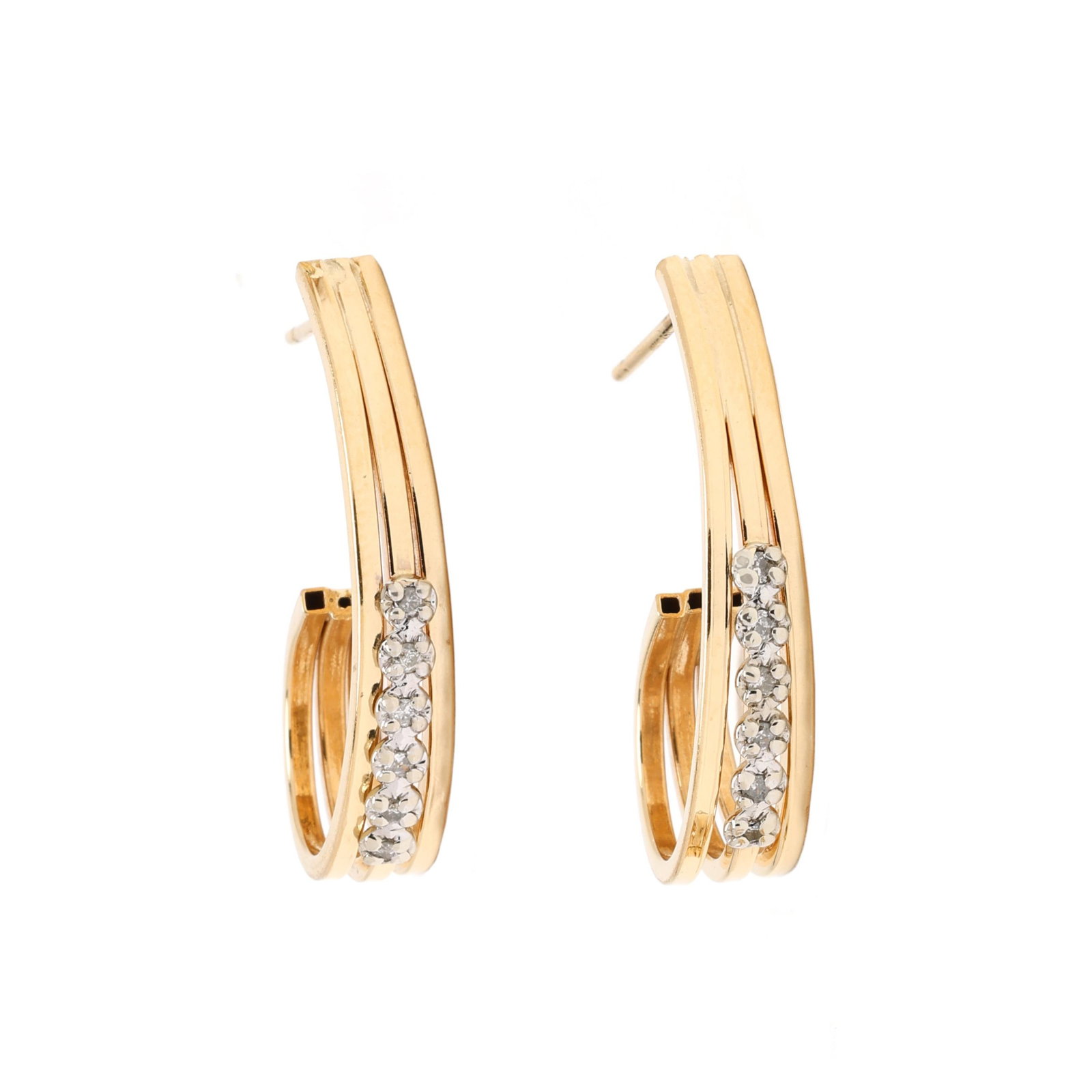 Gold and Diamond J-Hook Earrings: Gold and Diamond J-Hook Earrings the gold J-hook earrings prong set with full cut round diamond melee, completed with posts and friction backs, stamped 14K CIS. 5.5mm x 1 in. 2.1 dwt. Additional high-