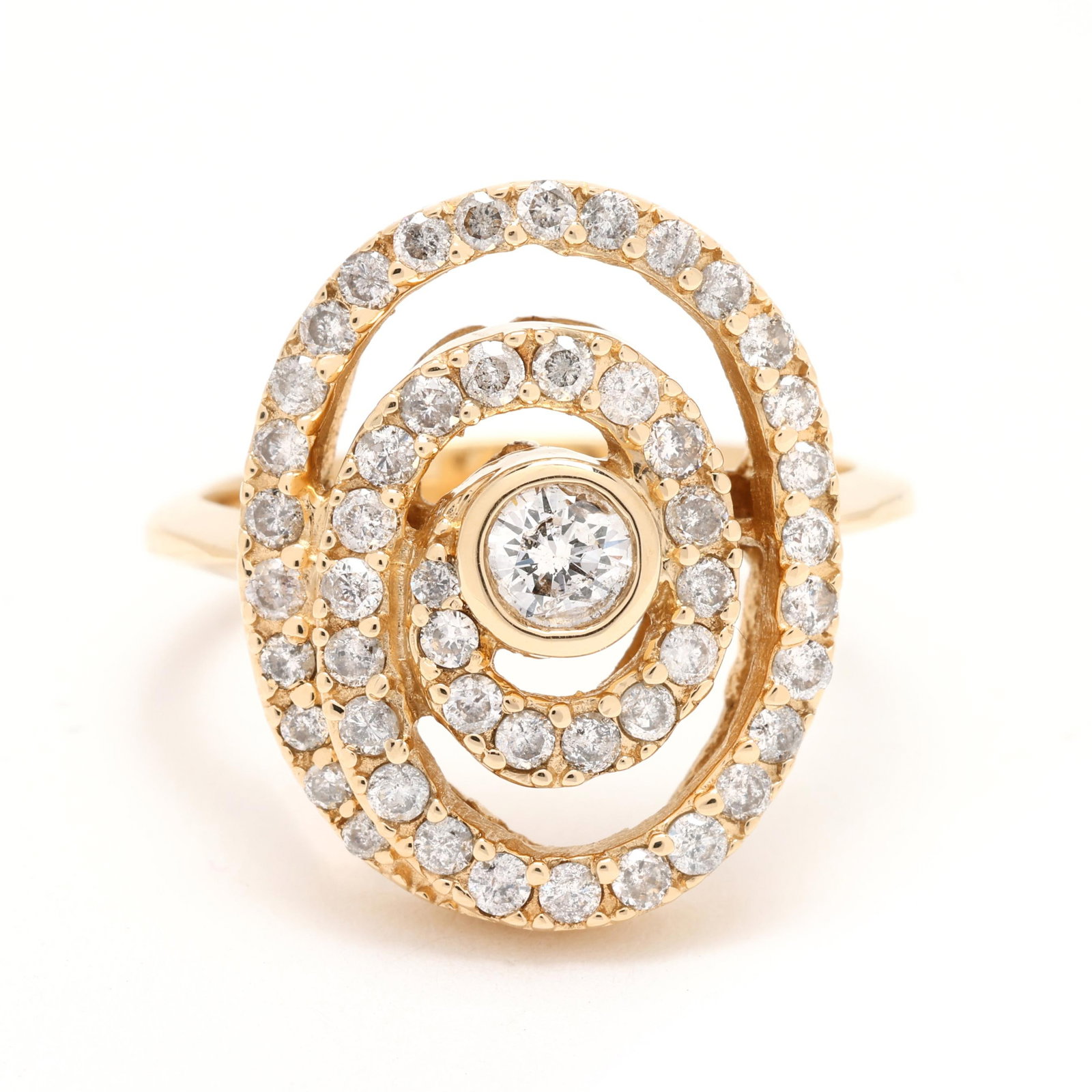 Gold and Diamond Swirl Ring: Gold and Diamond Swirl Ring centered on a bezel set full cut round diamond within a swirl surround set with full cut round diamonds, stamped 14K BH. The total diamond weight is approximately .90 carat