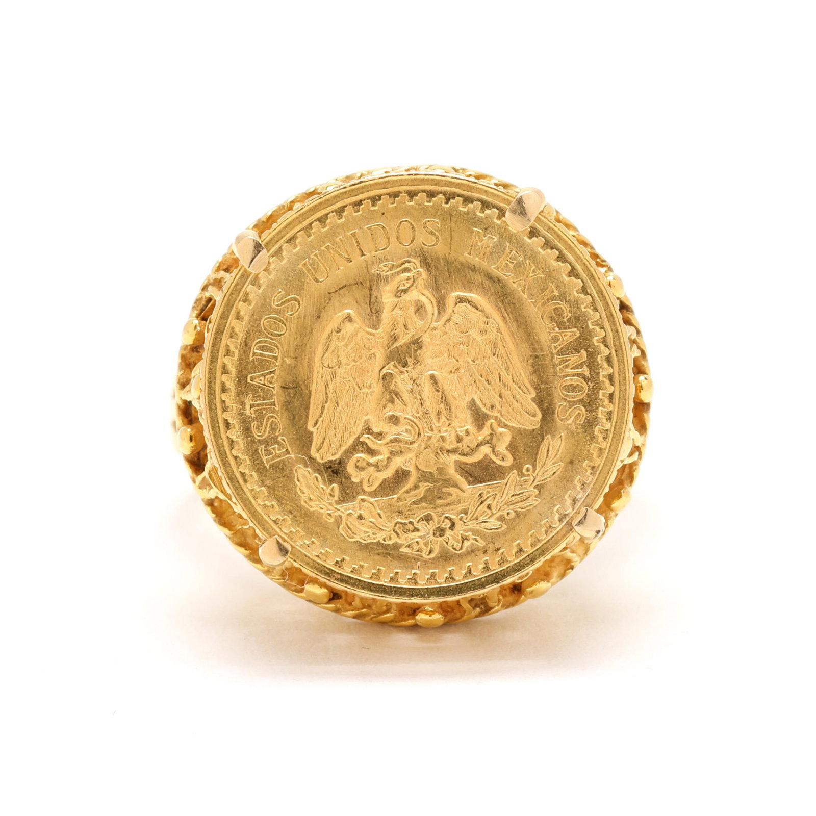 Mexican 2.5 Peso Gold Coin Ring: Mexican 2.5 Peso Gold Coin Ring centered on a Mexican 2.5 peso gold coin, featuring the image of a perched eagle encircled by the words, "Estados Unidos Mexicanos," set within a gold openwork surround