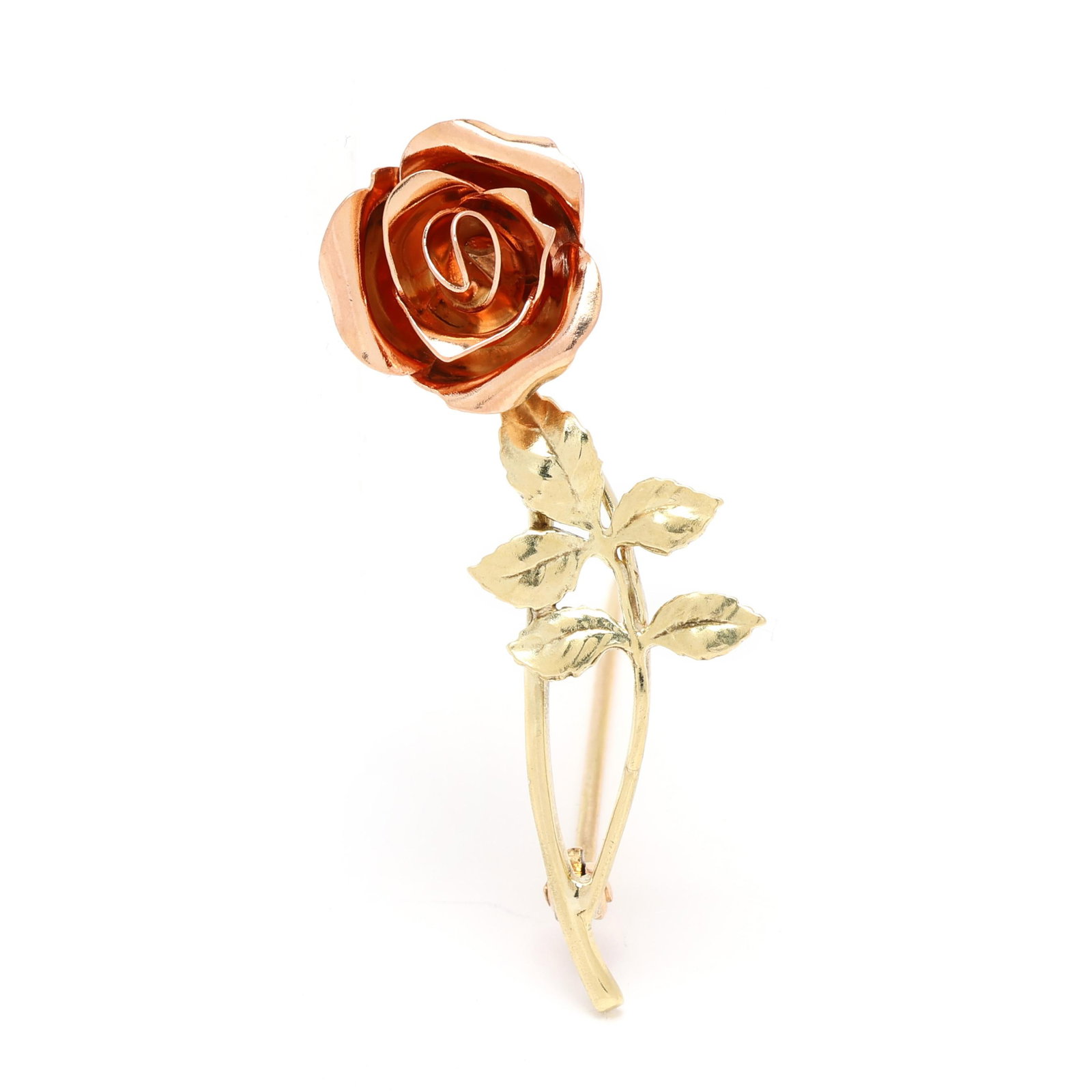 Bi-Color Gold Rose Brooch, Tiffany & Co.: Bi-Color Gold Rose Brooch, Tiffany & Co. the brooch with rose gold flower and gold stem and leaves, completed with a gold locking pin stem, stamped 14K Tiffany & Co. .5 x 1 5/8 in. 2.5 dwt. Additional