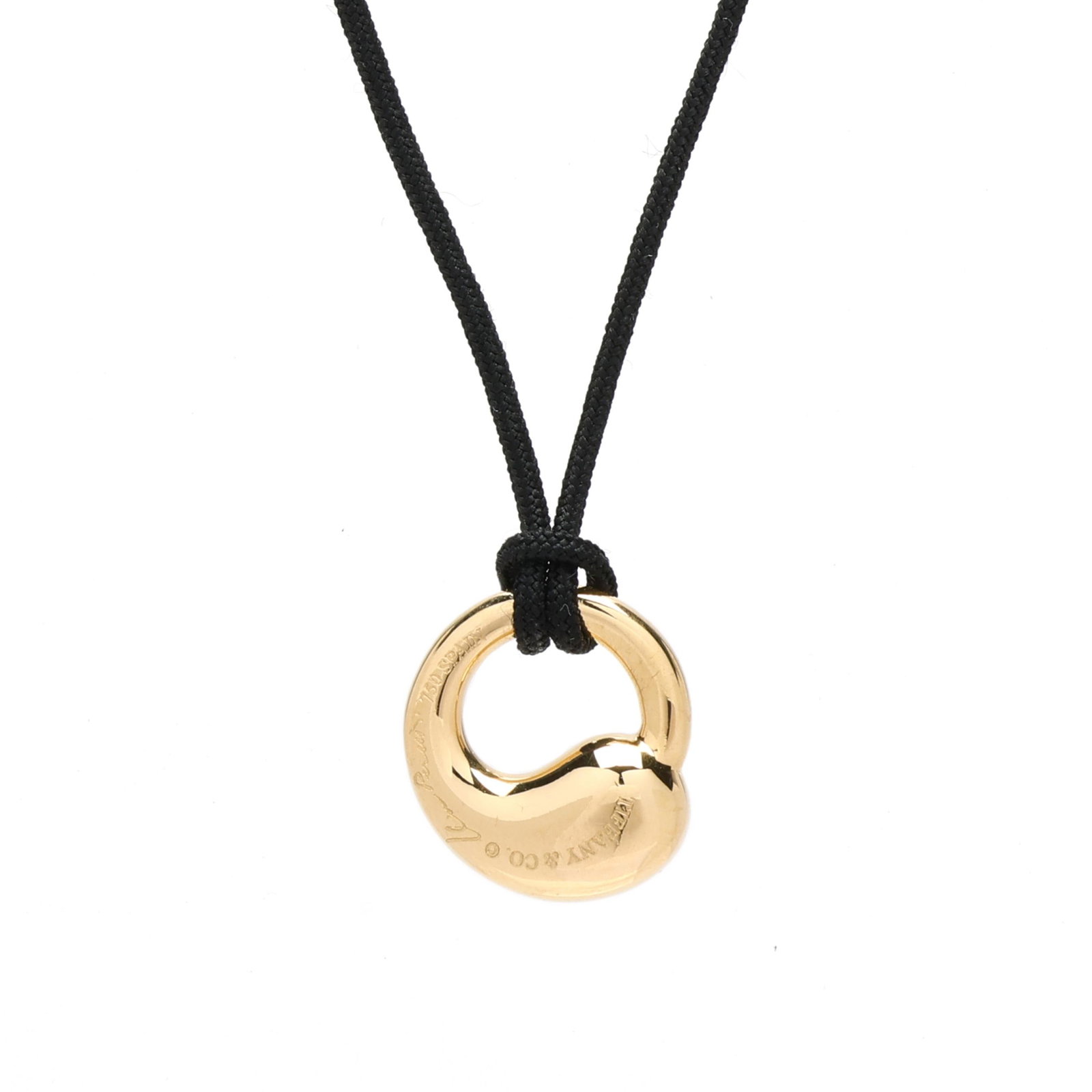 Gold Eternal Circle Pendant Necklace, Elsa Peretti for Tiffany & Co.: Gold Eternal Circle Pendant Necklace, Elsa Peretti for Tiffany & Co. the circle pendant suspended from a black cord necklace, signed, and stamped 750 Spain. Pendant .5 in.; Necklace 14 in. 2.3 dwt. Ad