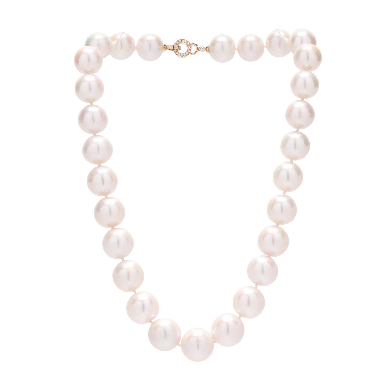 South Sea Pearl Necklace: South Sea Pearl Necklace single strand of (28) graduated round cultured South Sea Pearls (13mm to 15mm), completed with a gold clasp set with lab-grown diamond melee, stamped G14K and with a maker's m