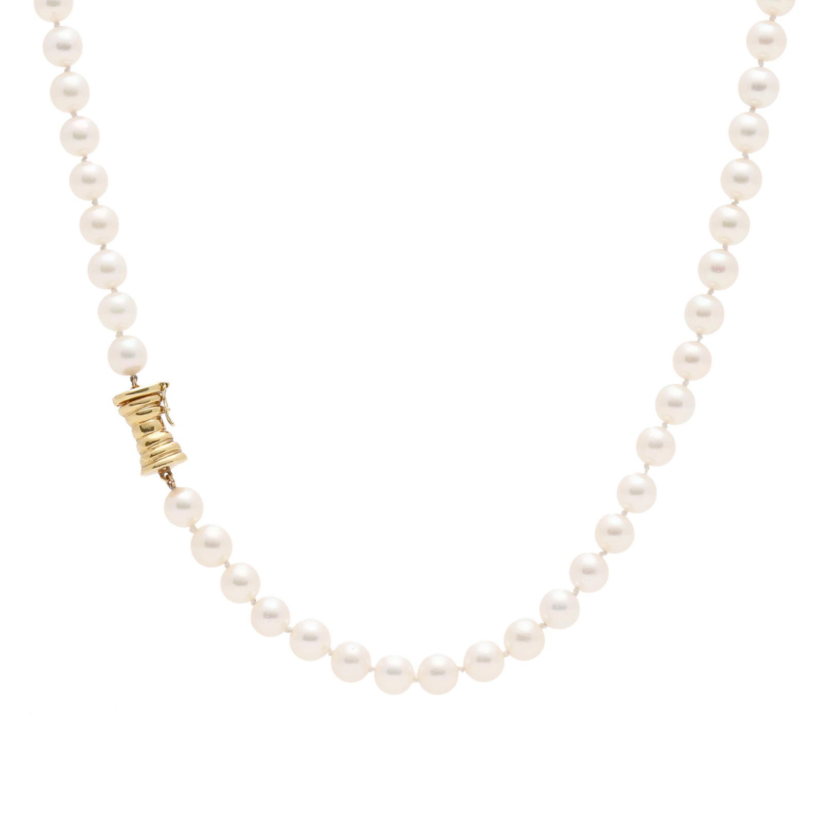 Gold and Pearl Necklace: Gold and Pearl Necklace strung knotted with (85) round cultured pearls (7.0 - 7.5mm), completed with a gold barrel clasp and figure eight safety, stamped with a maker's mark and 18K. 27.75 in. 32.2 dw