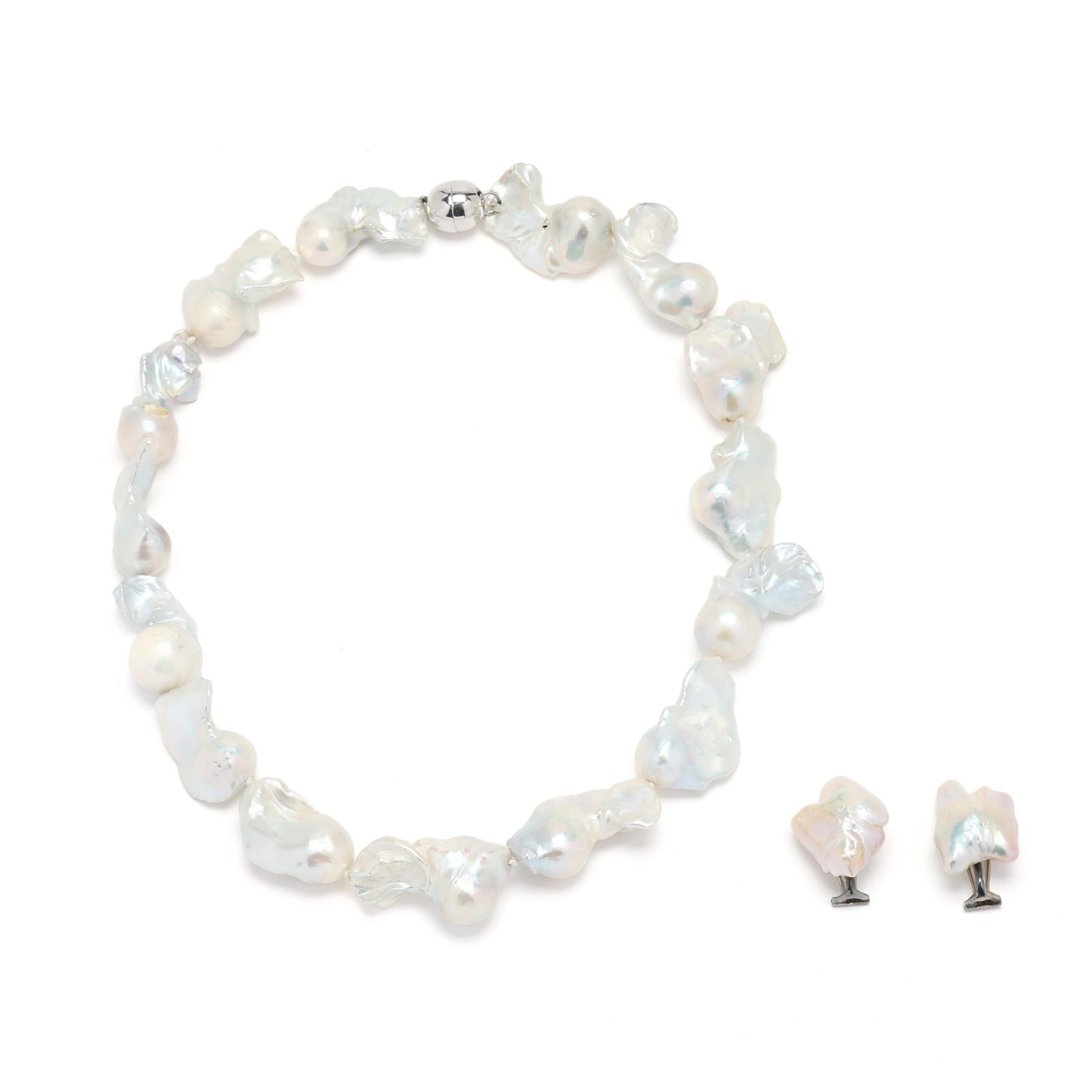 Baroque Pearls Necklace and Earrings: Baroque Pearls Necklace and Earrings to include: a strand of baroque pearls, strung knotted, completed with a magnetic clasp, stamped 925 (18.5 in.) (some pearls with loss to nacre); and a pair of bar