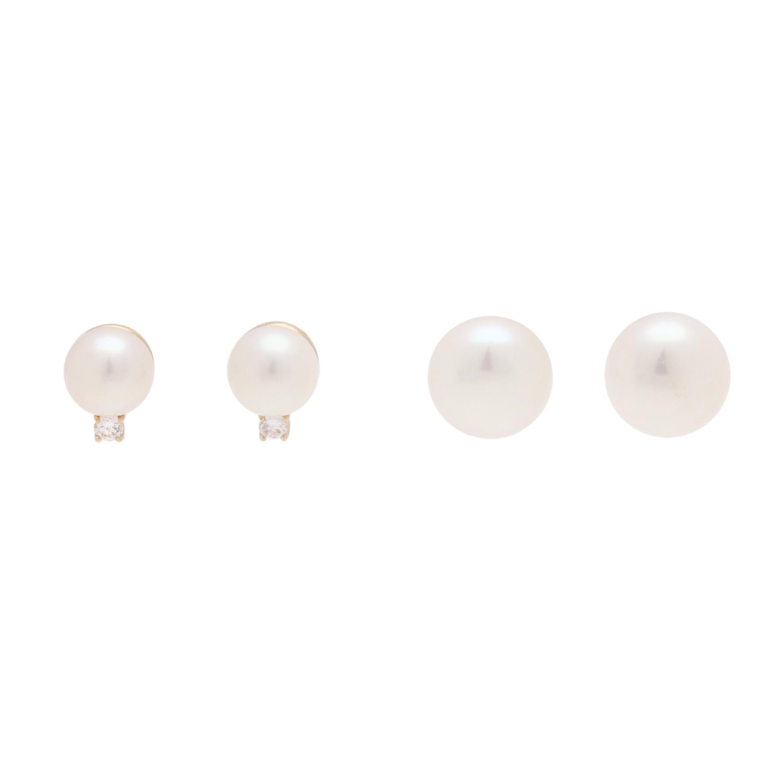 Two Pairs of Gold and Pearl Stud Earrings: Two Pairs of Gold and Pearl Stud Earrings to include: a pair of button pearls (10.4mm; 10.5mm), completed with posts and friction backs, stamped with a maker's mark and 14K (pearls display a white bod