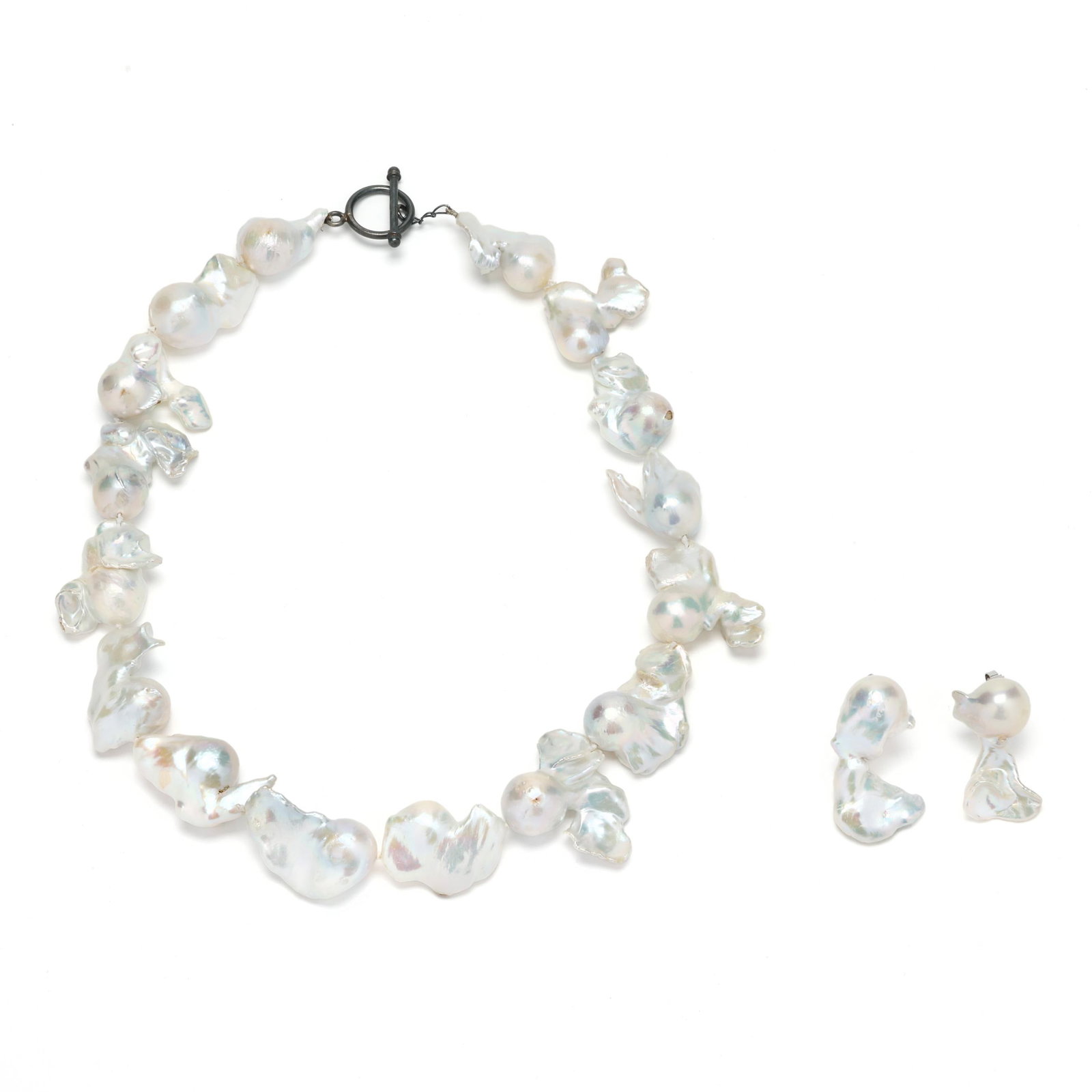 Baroque Pearl Necklace and Earrings: Baroque Pearl Necklace and Earrings to include: a strand of baroque pearls, strung knotted, completed with a silver toggle clasp, stamped 925 (18.25 in.) (some pearls with loss to nacre and natural ca