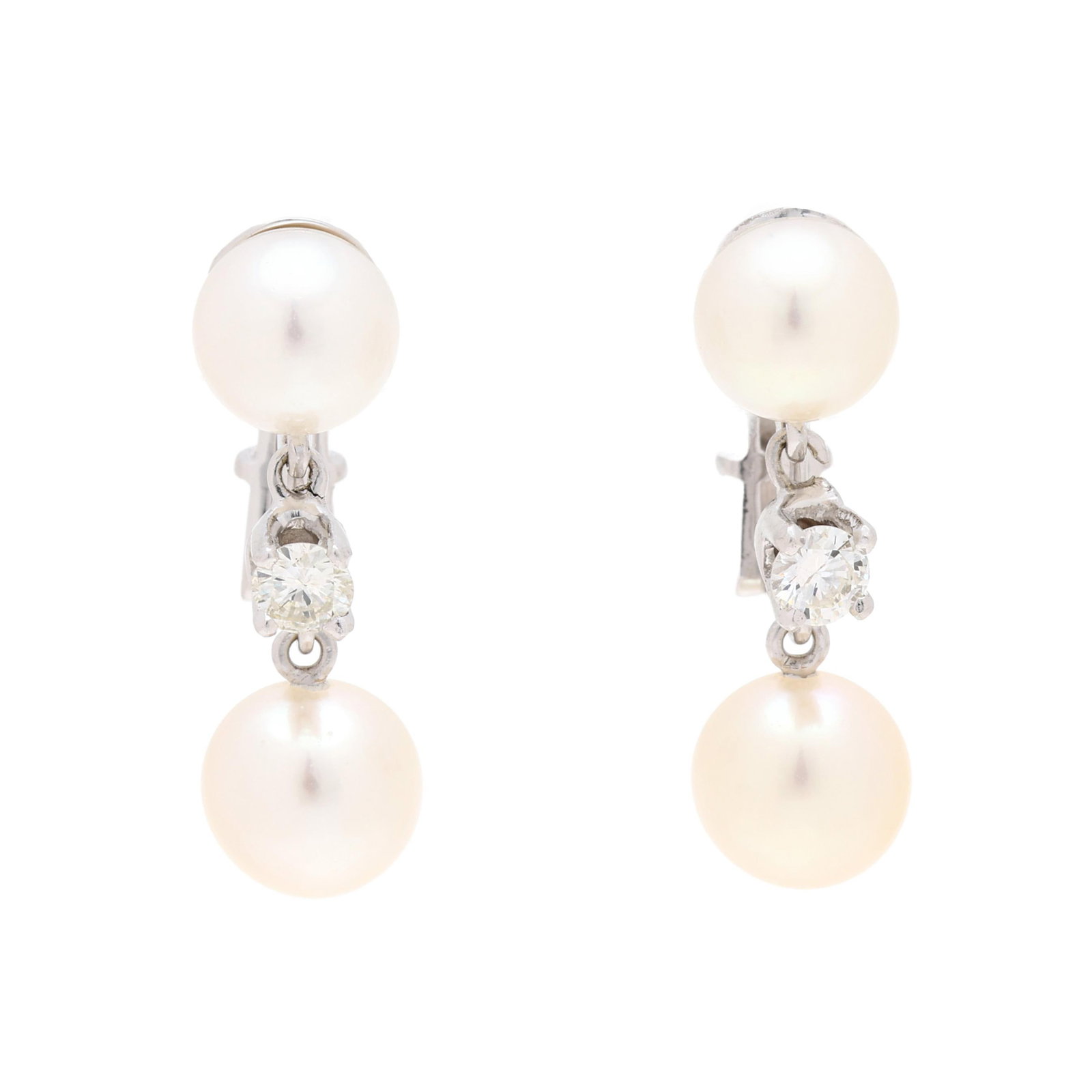 White Gold, Pearl, and Diamond Earrings: White Gold, Pearl, and Diamond Earrings the white gold dangle earrings with round pearl (6.75mm) surmount suspending a prong set full cut round diamond weighing approximately .25 total carat (I-J colo