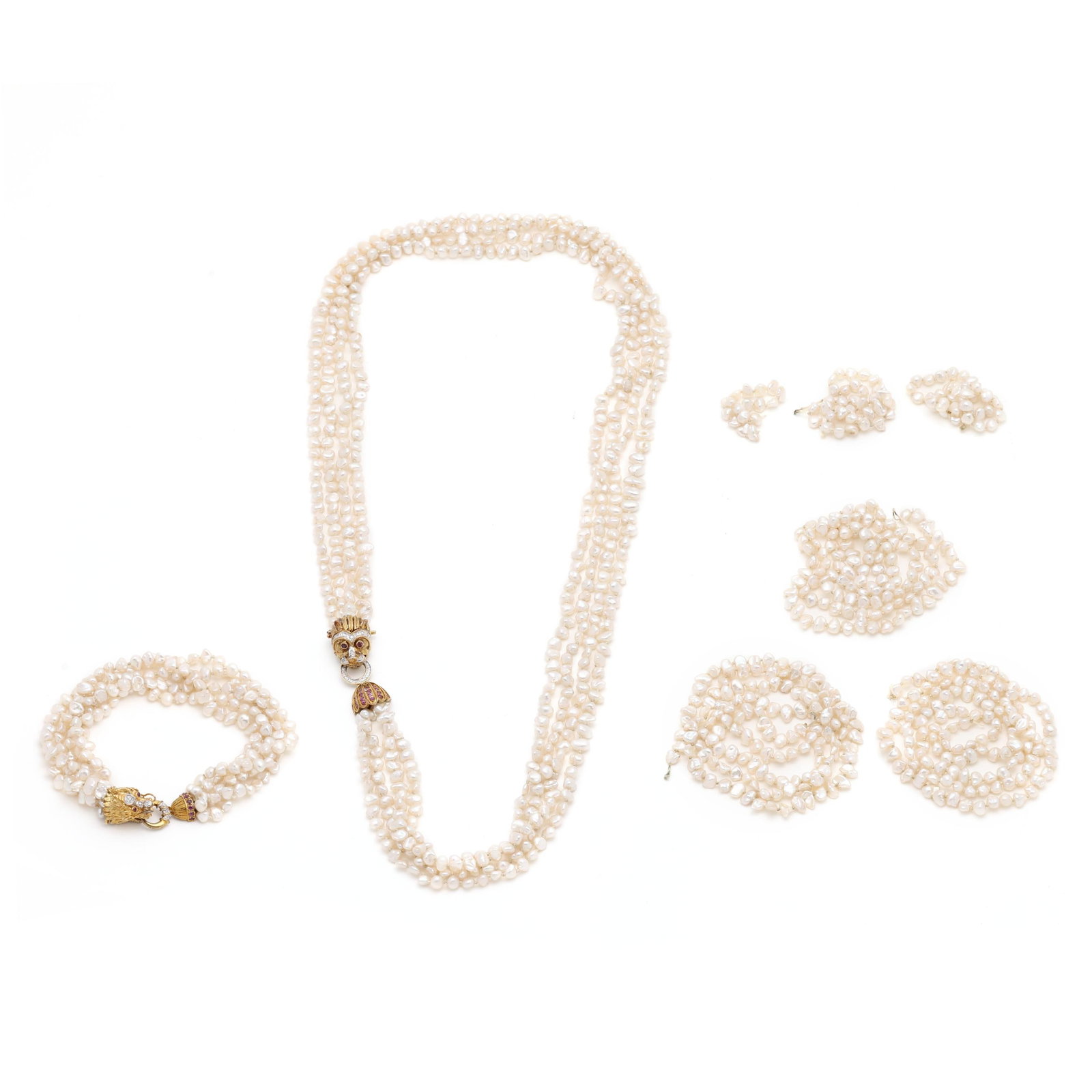 Multi-Strand Pearl Necklace and Bracelet with Gold and Gem-Set Clasp (1 of 8)