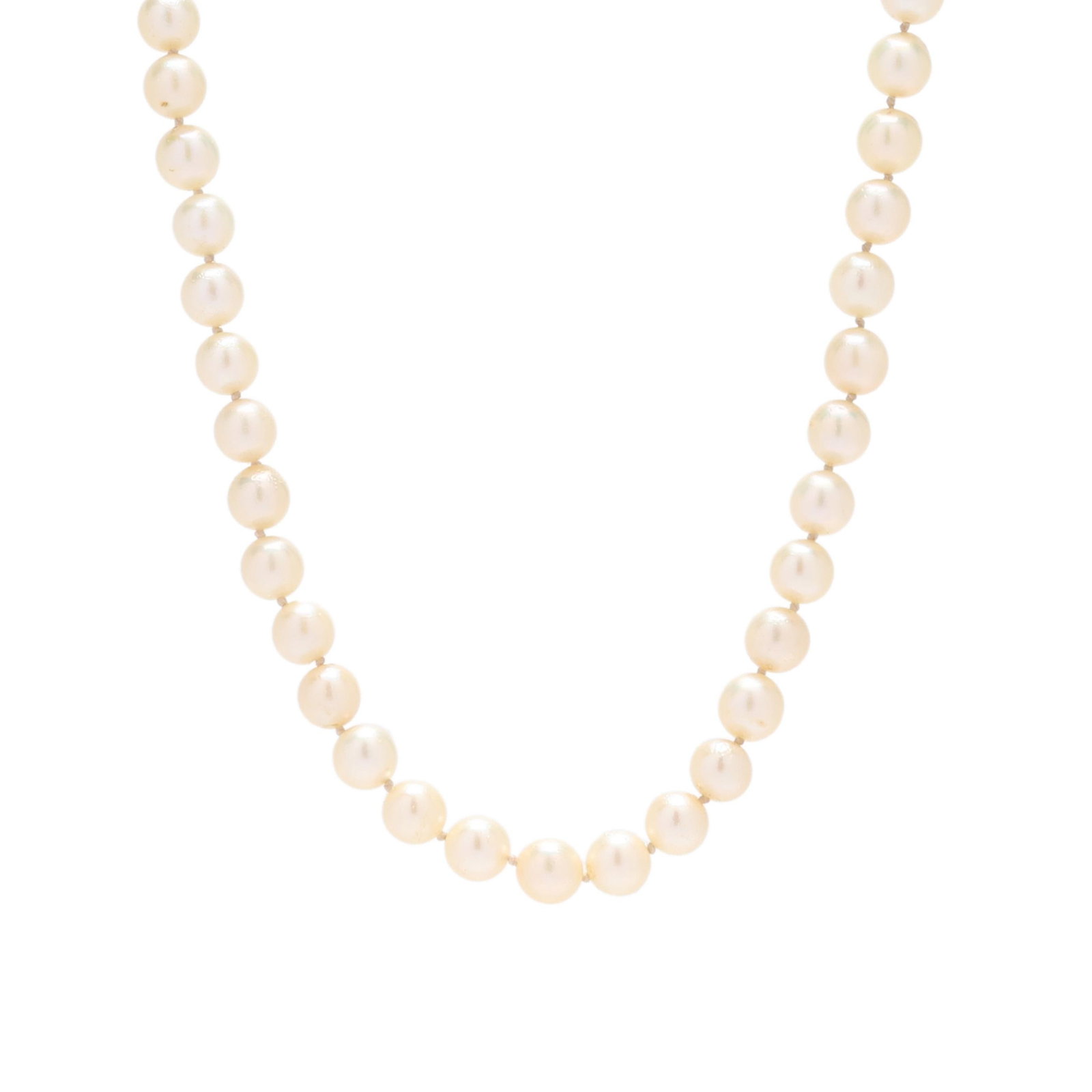Pearl Necklace with Gold Clasp: Pearl Necklace with Gold Clasp strung knotted with (80) round cultured pearls (6.0 - 6.5mm), completed with a gold box clasp with figure eight safety, stamped 14K. 22.5 in. 18.8 dwt. Pearls display a 