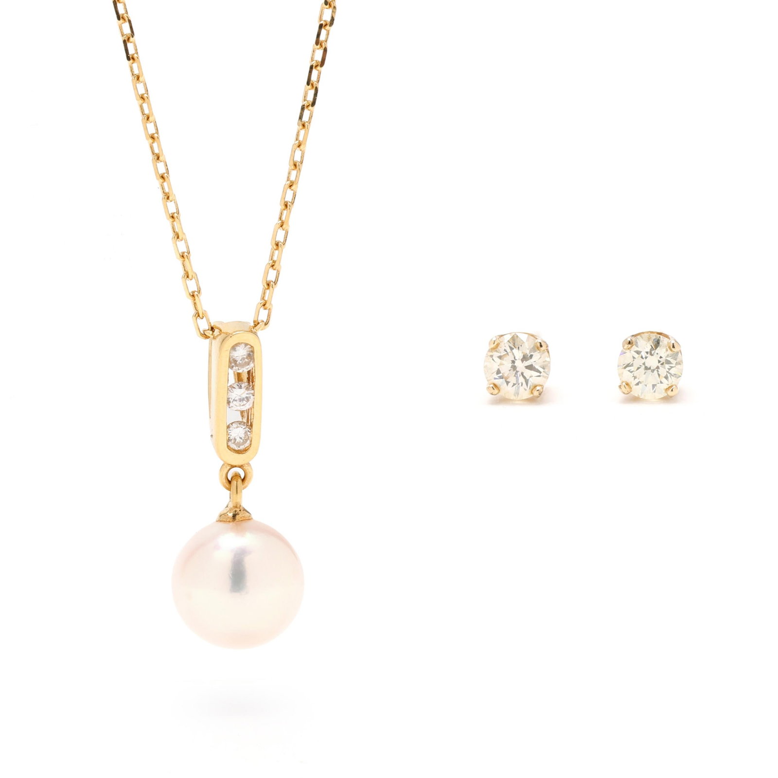 Gold and Pearl Necklace and A Pair of Diamond Stud Earrings (1 of 8)