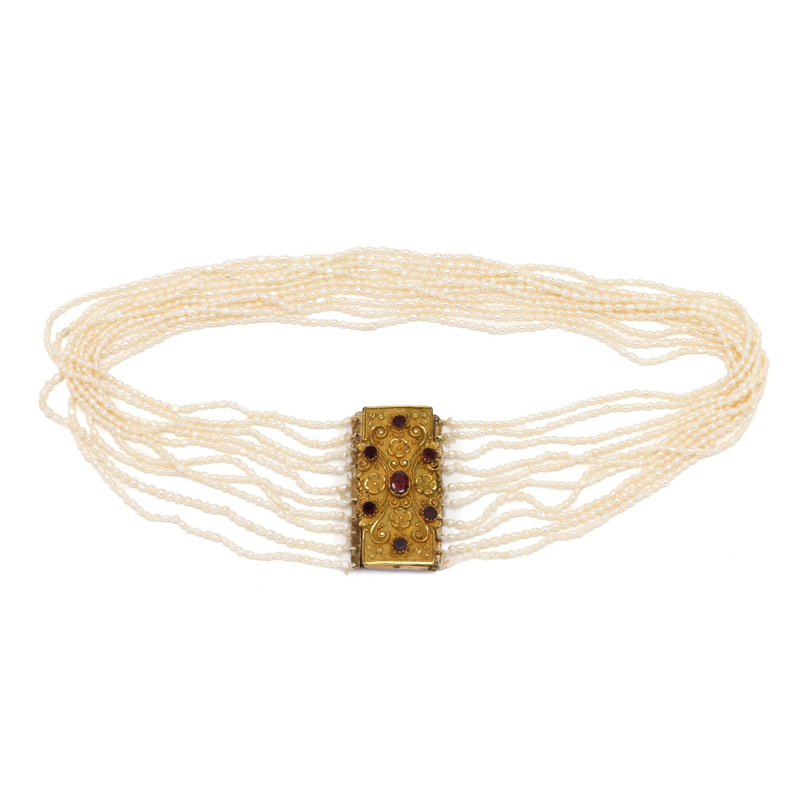 Vintage Gold-Filled, Garnet, and Multi-Strand Seed Pearl Necklace (1 of 3)