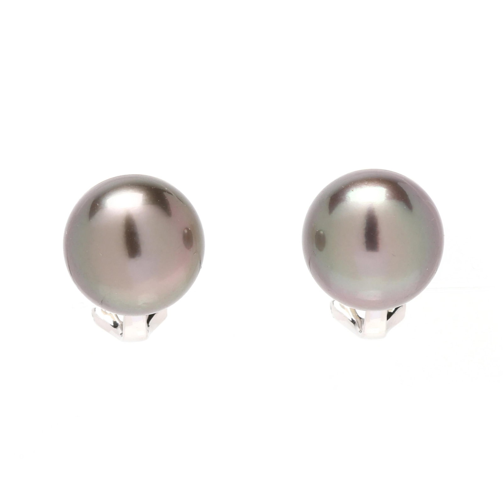 White Gold and Tahitian Pearl Earrings: White Gold and Tahitian Pearl Earrings round Tahitian pearl (11.5mm) earrings completed with padded omega backs, stamped K18. 4.3 dwt. Pearls display a dark greenish gray bodycolor with orient, excell
