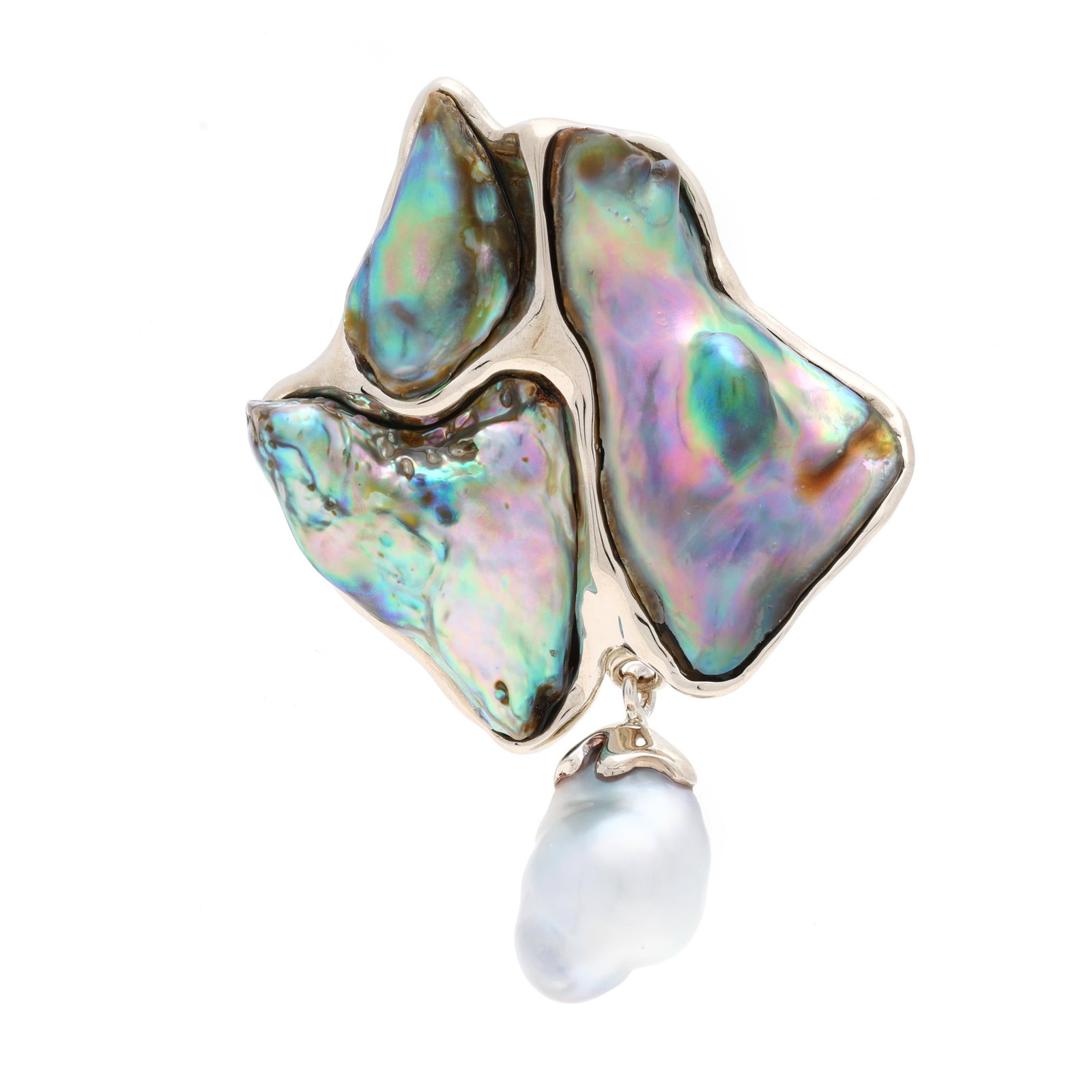 White Gold and Pearl Brooch, Signed: White Gold and Pearl Brooch, Signed 2002, the freeform brooch inlaid with baroque and mabé pearls, suspending a baroque pearl drop, completed with a locking pin stem, stamped 14K CJ, signed, and date