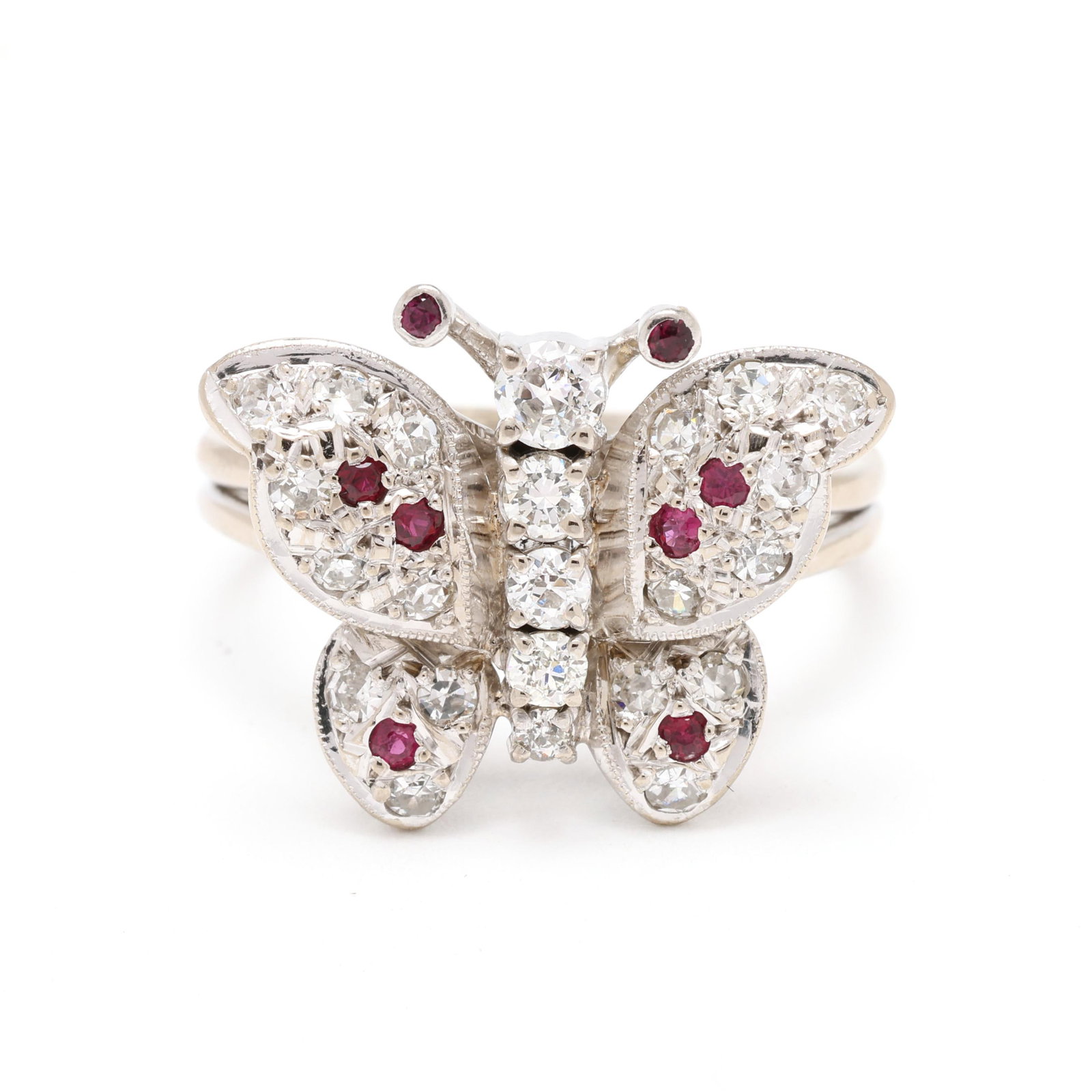 White Gold, Diamond, and Ruby Butterfly Ring (1 of 5)