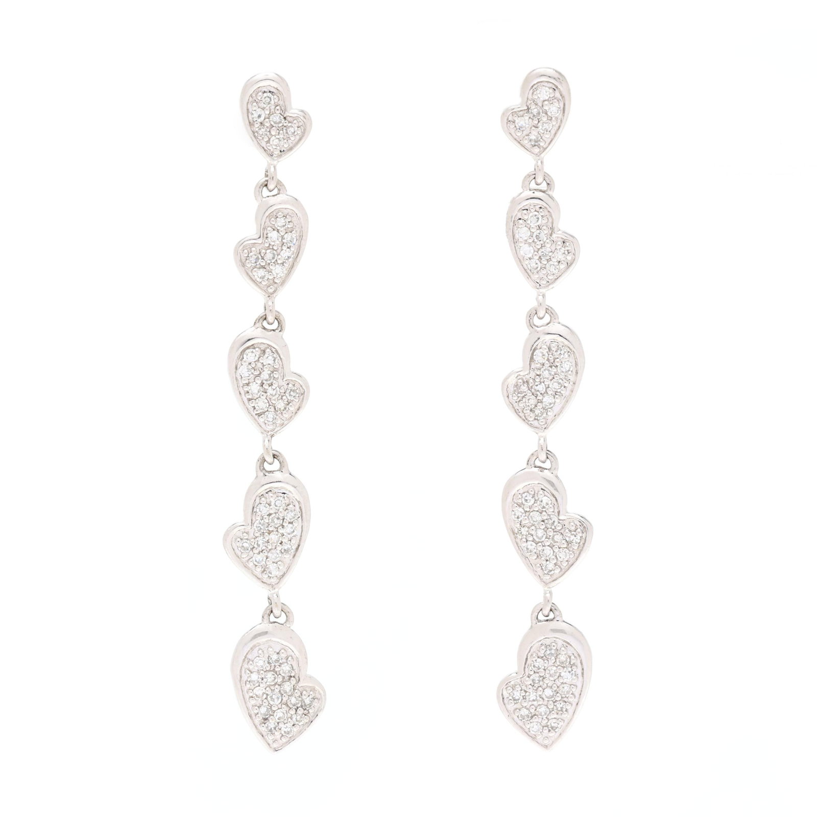 White Gold and Diamond Heart Dangle Earrings: White Gold and Diamond Heart Dangle Earrings the white gold heart shaped surmount, pavé set with single cut round diamonds, and suspending graduated heart shaped charms pavé set with single cut roun