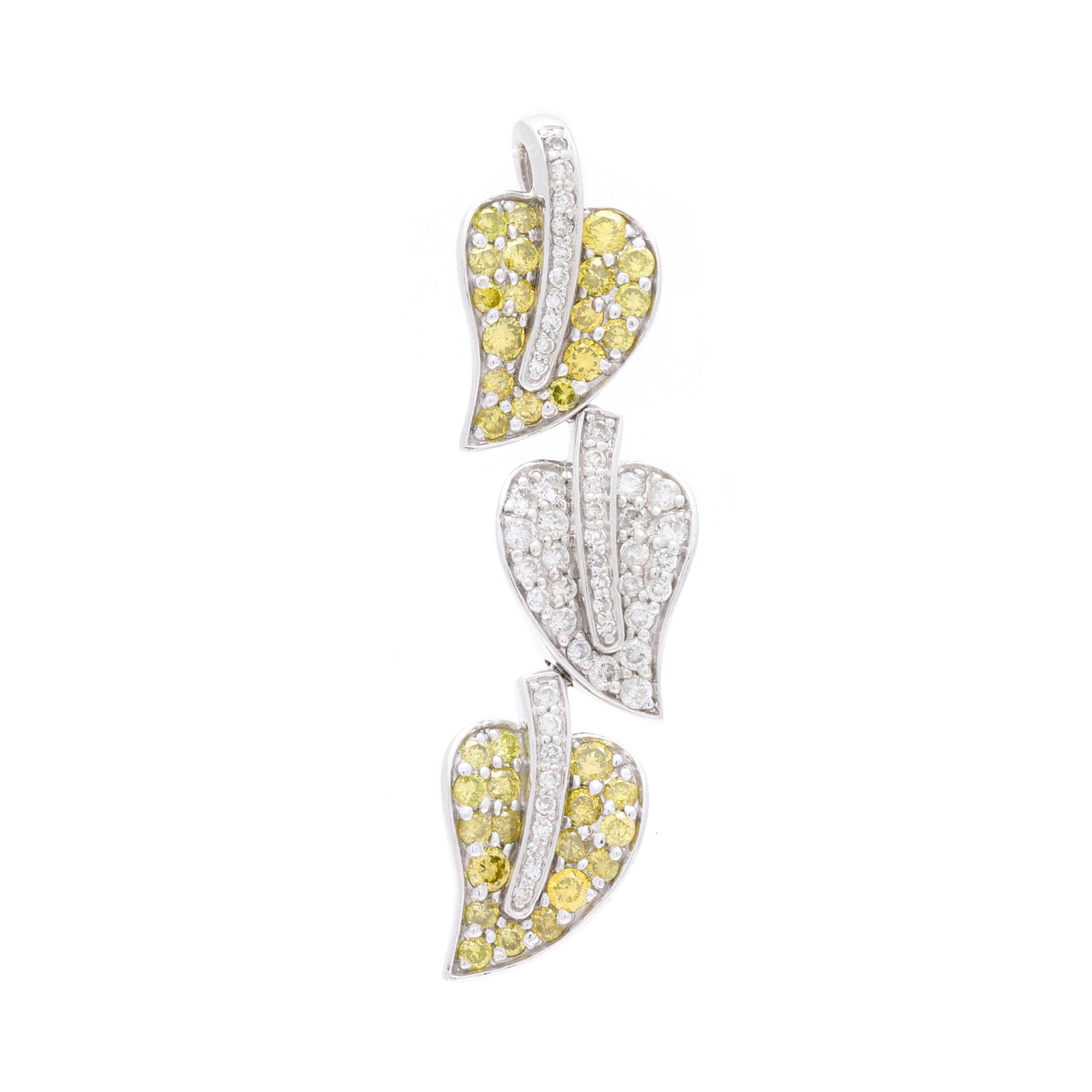 White Gold and Diamond Leaf Pendant: White Gold and Diamond Leaf Pendant the pendant comprised of three cascading leaves pavé set with full cut round yellow diamonds (I1-I2 clarity) and full cut round and single cut diamonds (G-H color,